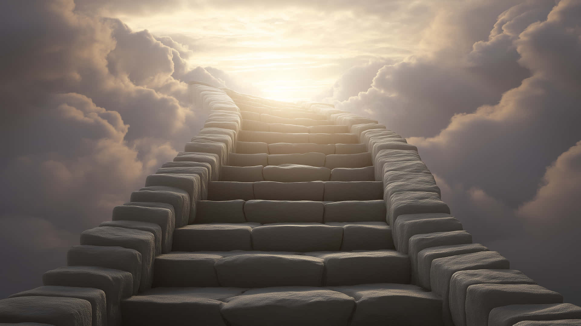 Stone Staircase Ascending to a Bright, Cloudy Heaven 壁紙 — 宏偉的石階梯穿過翻滾的雲層，通往燦爛的金色日出。