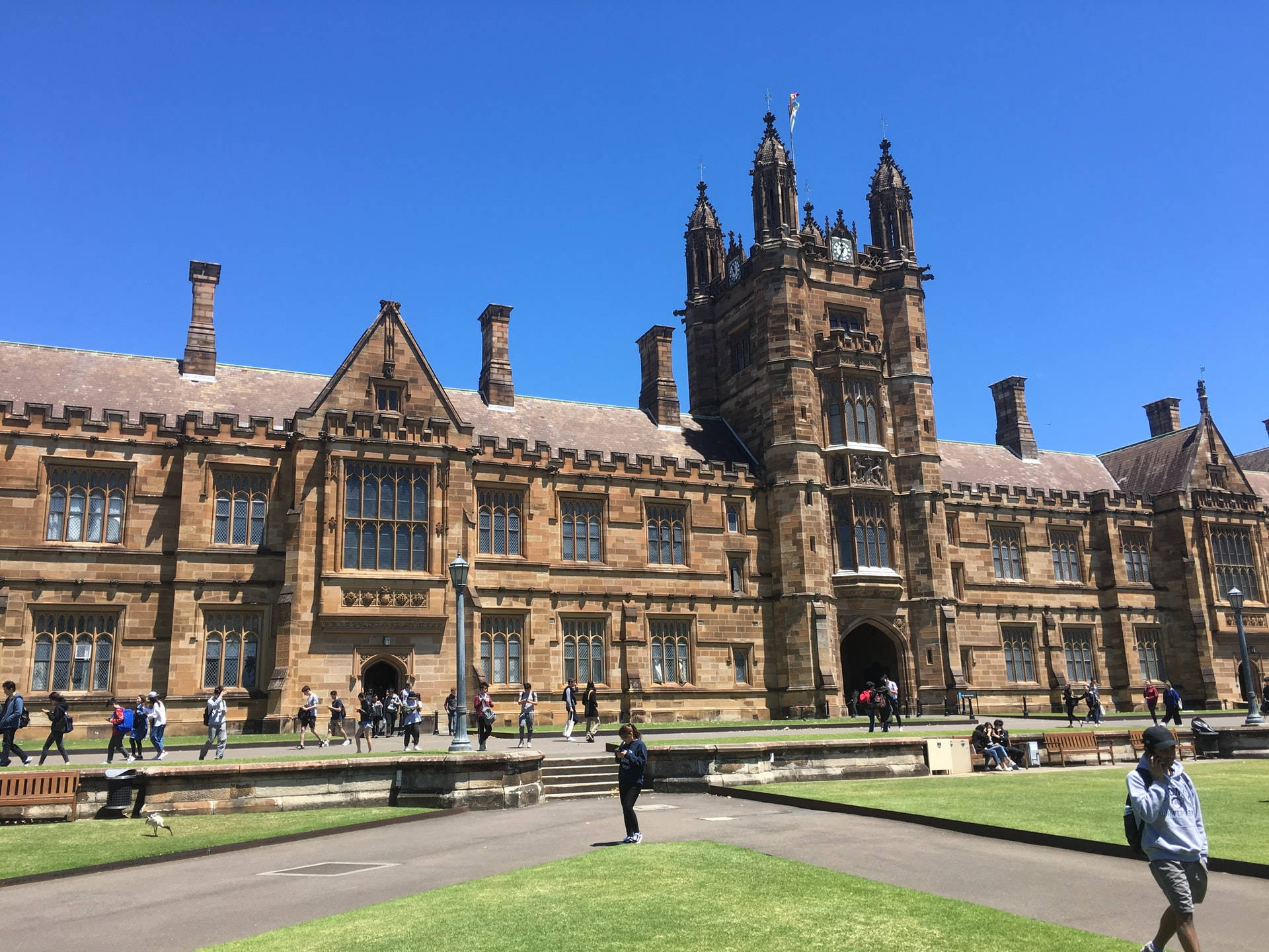 Sydney 桌布 壁紙 — 宏偉的砂岩大學建築，帶有哥德式塔樓，在清澈的藍天下，學生們在修剪整齊的草坪上漫步。