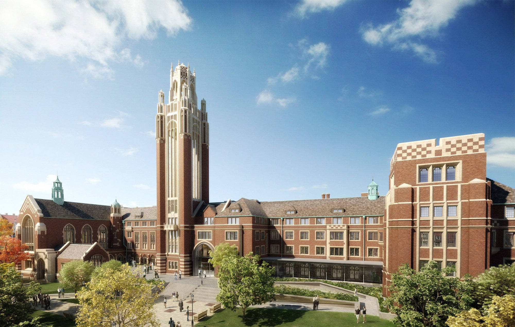建築 桌布 壁紙 — 宏偉的磚砌大學校園，在明亮的藍天白雲下，矗立著一座高聳的哥德式鐘樓。