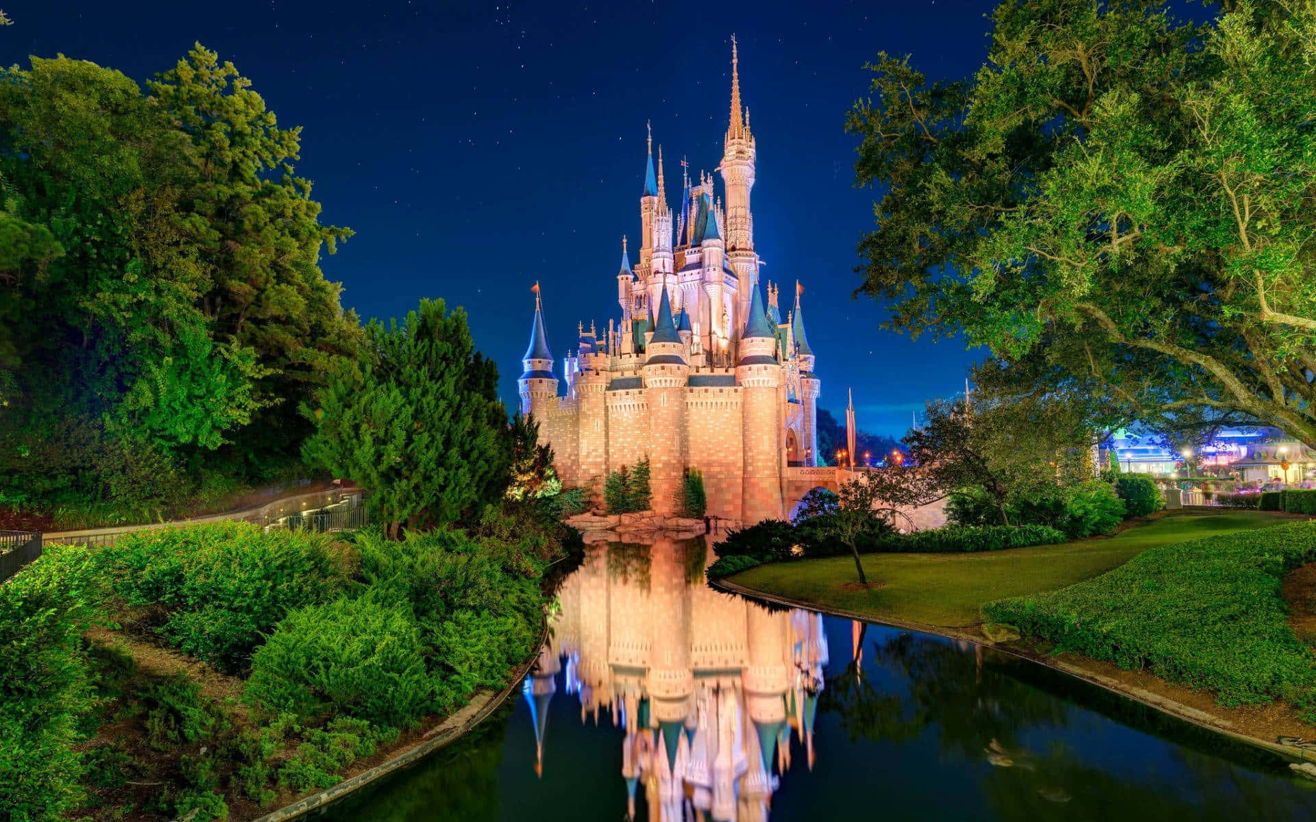 Disney World Desktop 桌布 壁紙 — 宏偉的迪士尼城堡在星空下閃耀，在平靜的水面上完美倒映，四周環繞著茂密的綠植。