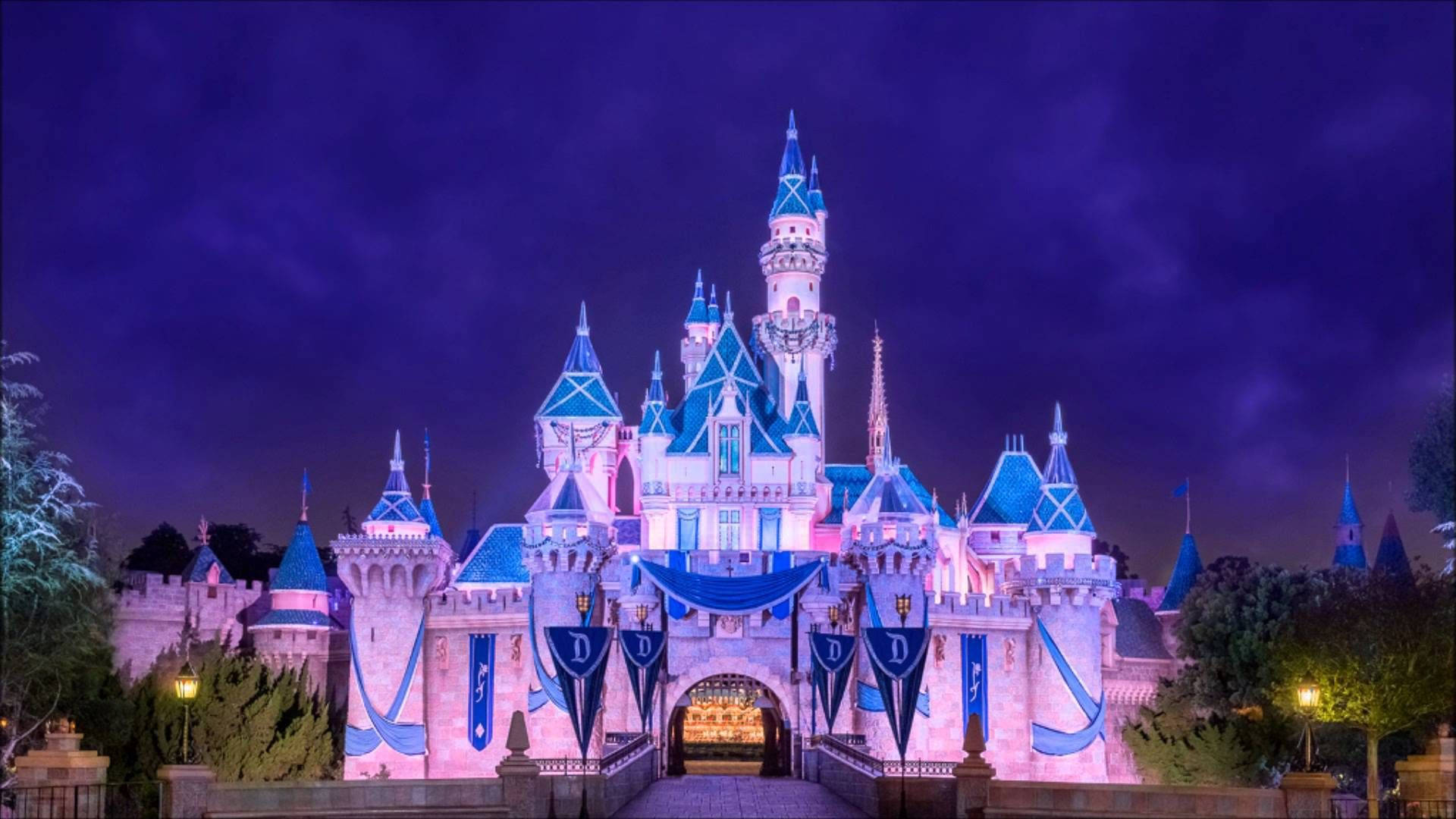 Disneyland Castle 桌布 壁紙 — 宏偉的迪士尼城堡在深紫色夜空下被粉紅色和藍色燈光照亮。