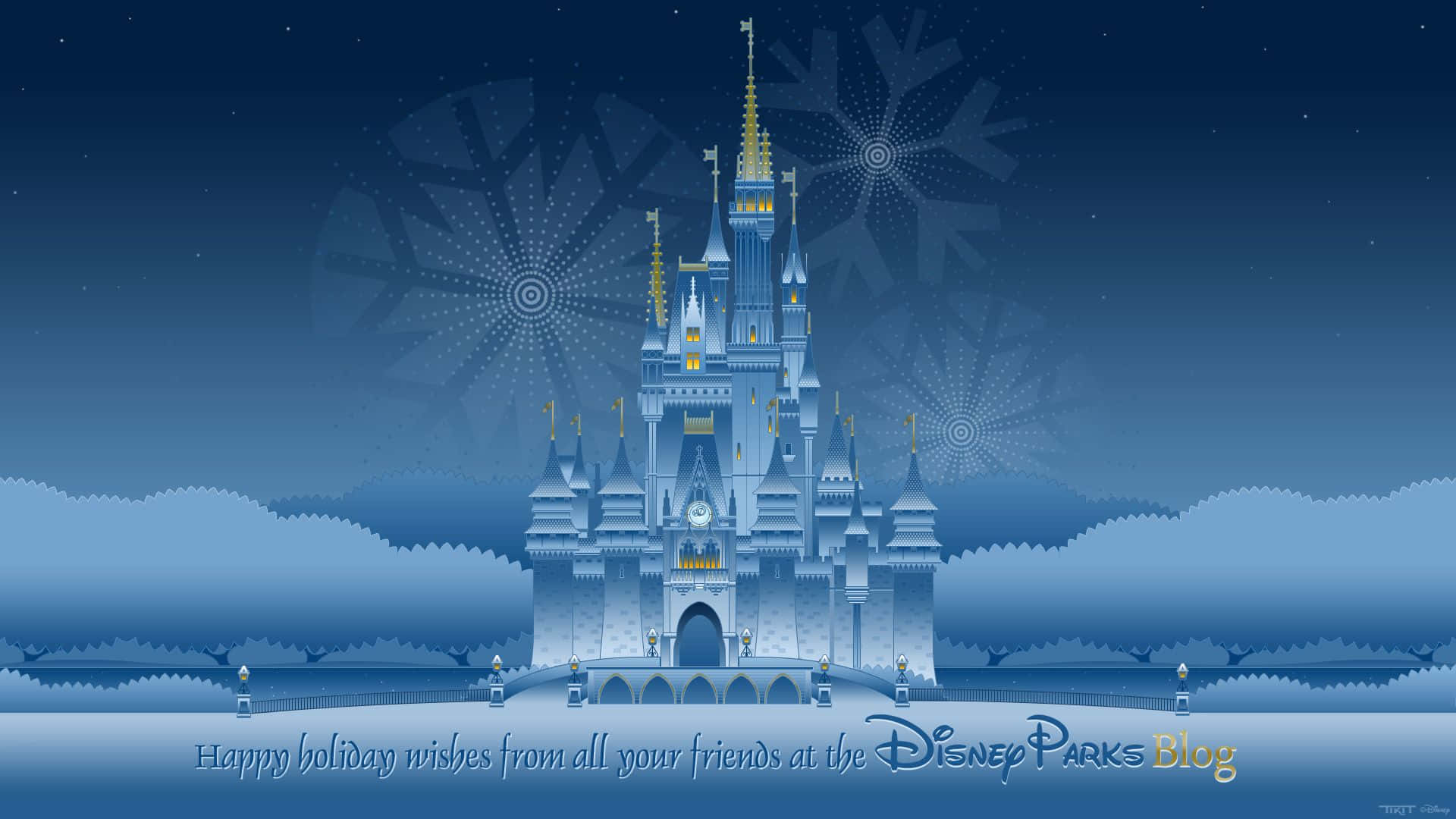 1920x1080 Disney 桌布 壁紙 — 宏偉的迪士尼城堡在繁星點點的夜空下閃耀，點綴著雪花圖案和節日燈飾。