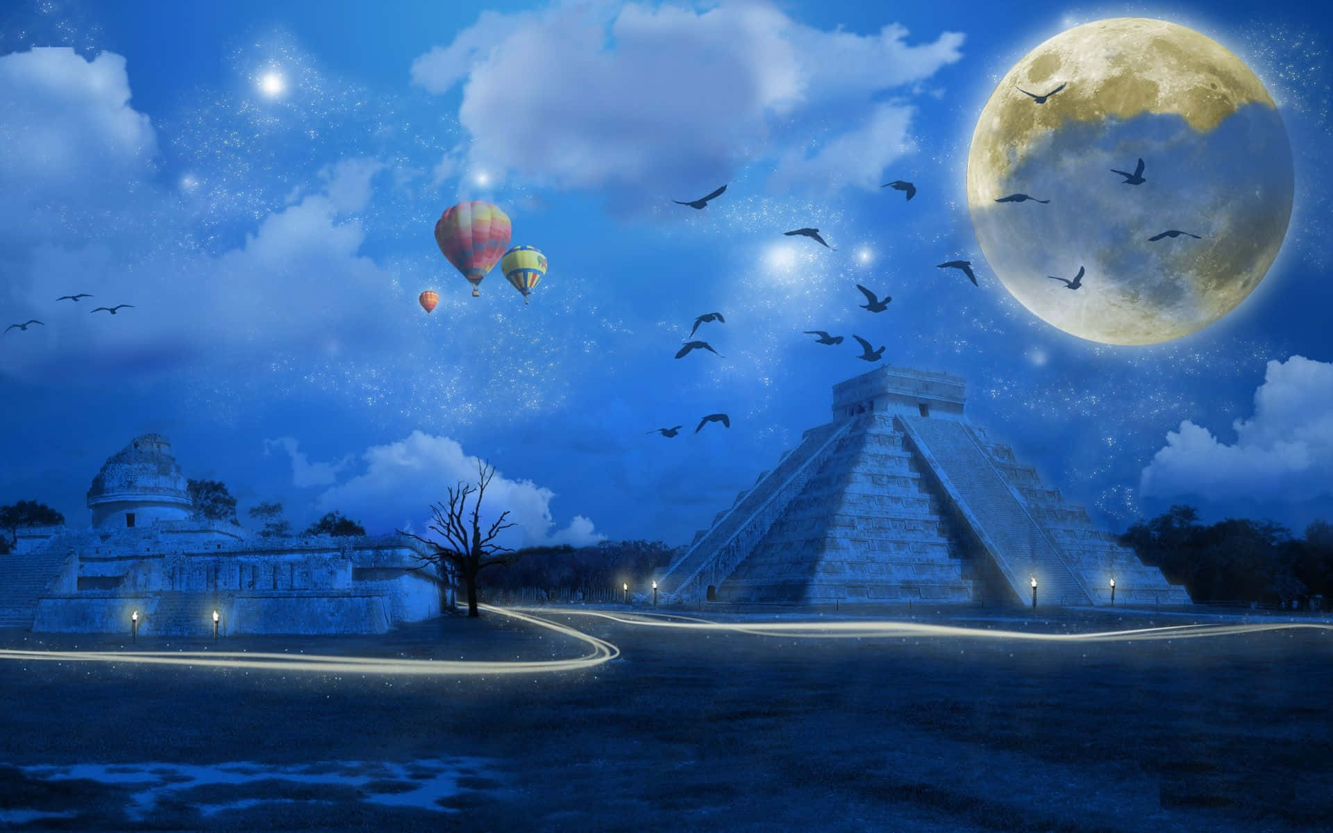 Imaginative 桌布 壁紙 — 宏偉的馬雅金字塔在巨大月亮之下，熱氣球和鳥兒在繁星夜空飛翔。