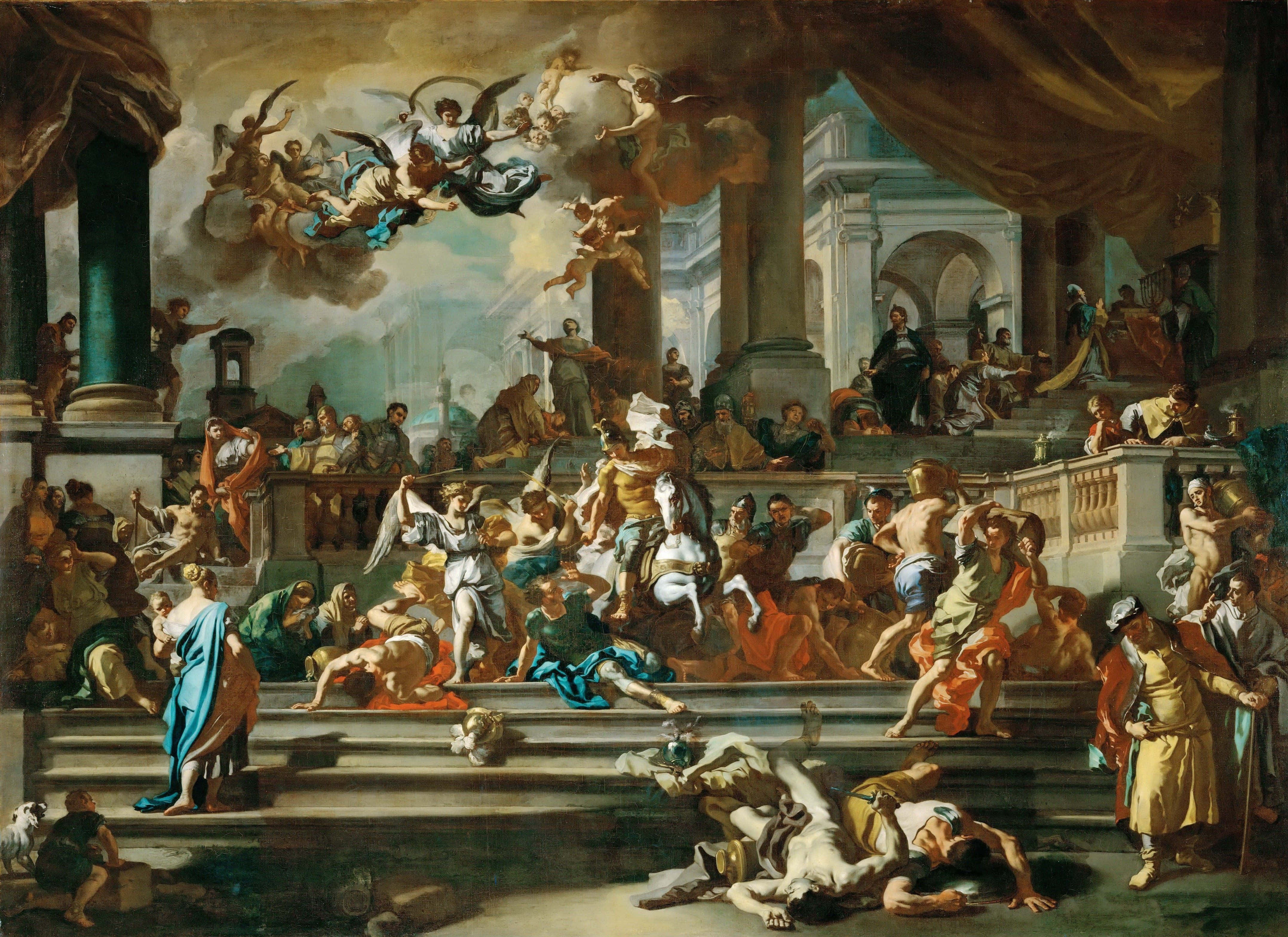 Religious Art 桌布 壁紙 — 宏大的巴洛克繪畫描繪了混亂的戰鬥場景，天空中有天使，古典人物在石階上戰鬥。