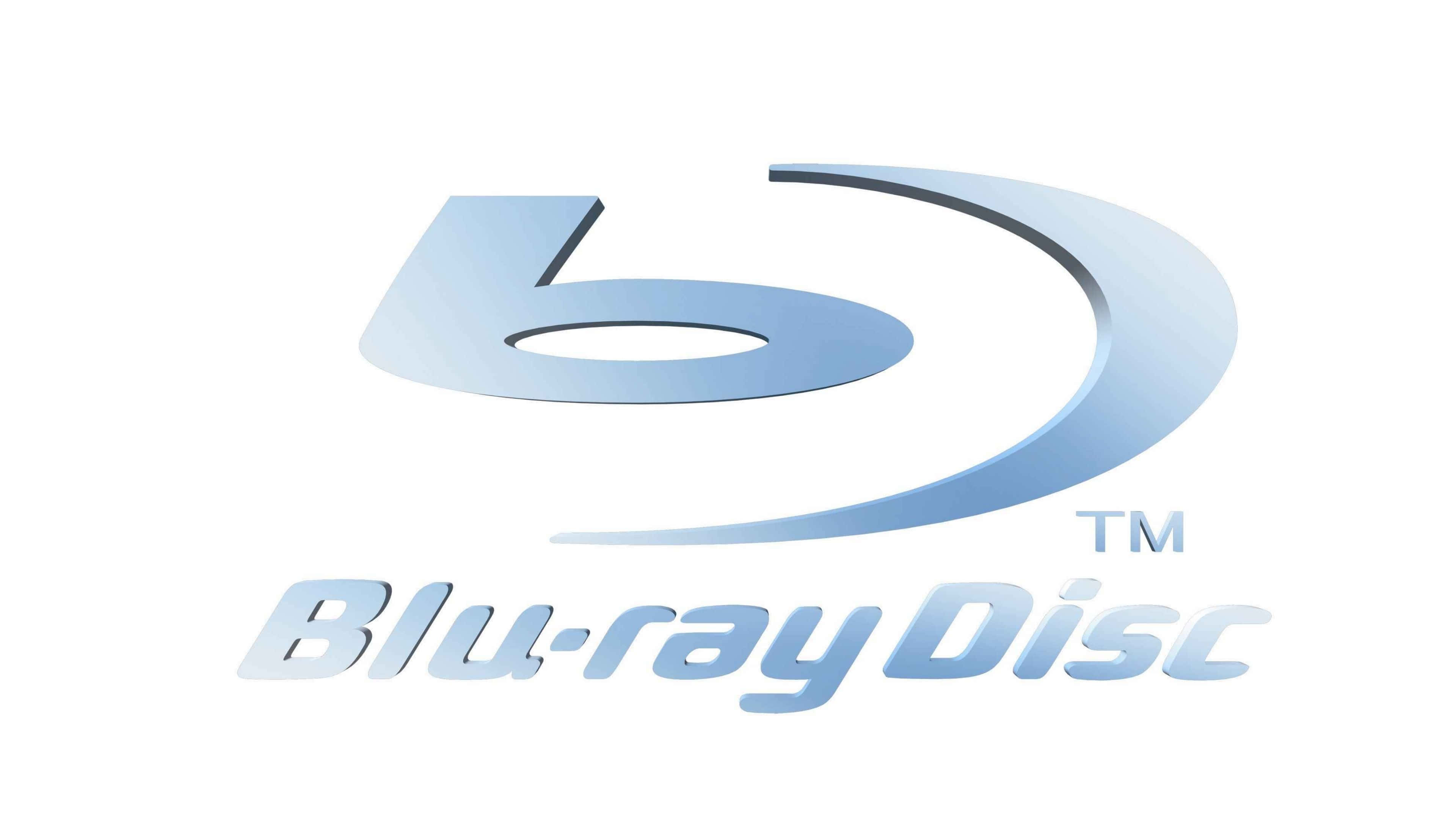 4K Blu-ray 桌布 壁紙 — 官方藍色Blu-ray Disc標誌，帶有金屬光澤和商標符號，背景為白色。