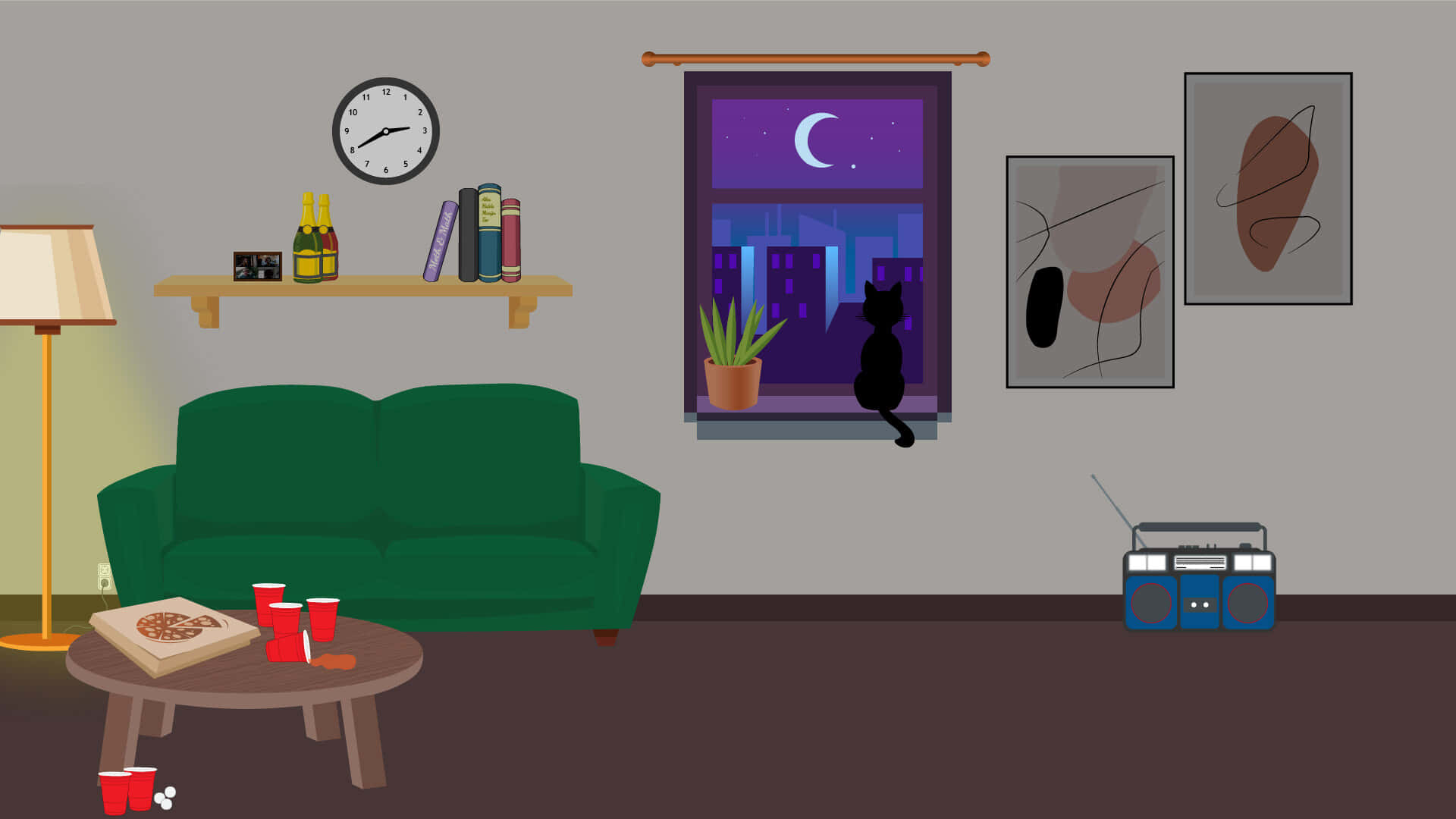 House Party 桌布 壁紙 — 客廳中一個舒適的夜晚場景，窗邊有一隻黑貓的剪影，窗外是新月下的城市景觀。