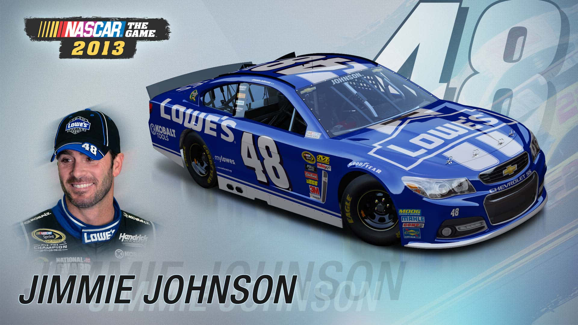 Jimmie Johnson 桌布 壁紙 — 宣傳遊戲藝術中，藍色NASCAR賽車（48號）旁邊有車手Jimmie Johnson的肖像。