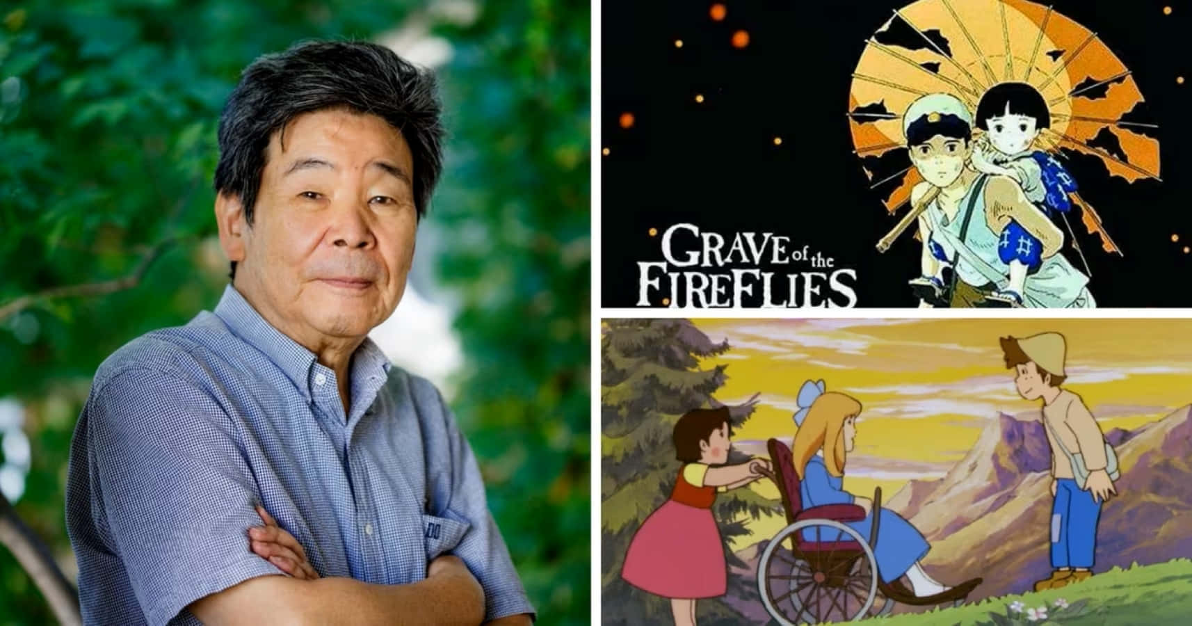 Isao Takahata 桌布 壁紙 — 宮崎駿的肖像，旁邊是他動畫電影《螢火蟲之墓》和《風之谷》的場景。