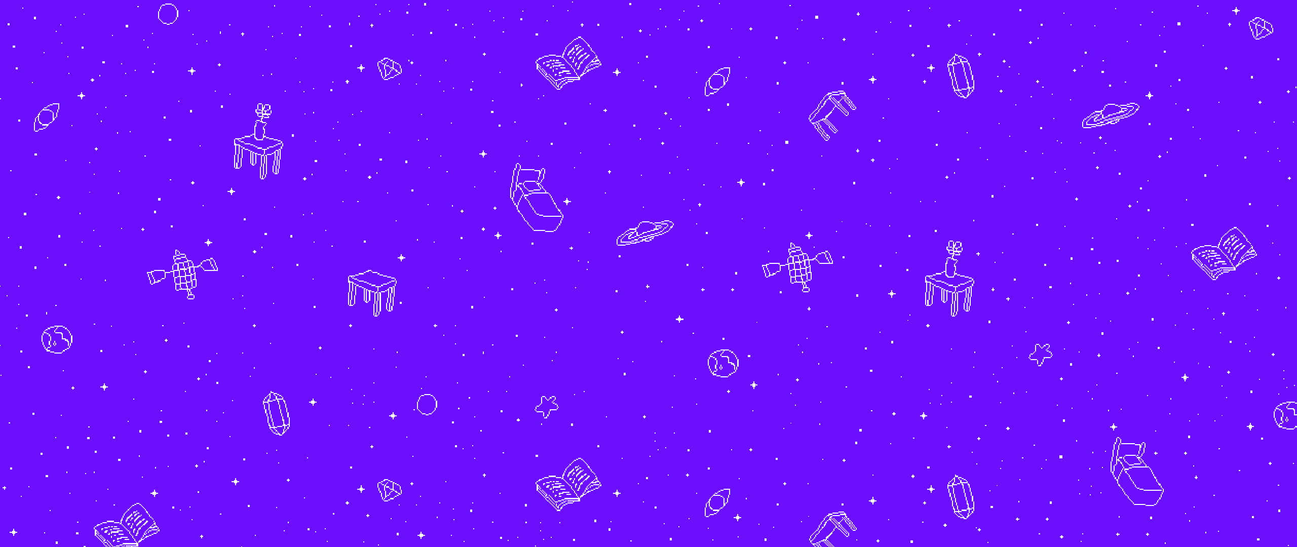 Art 2560x1080 桌布 壁紙 — 家具和書籍的白色線條圖案在充滿活力的紫色星空背景上漂浮。