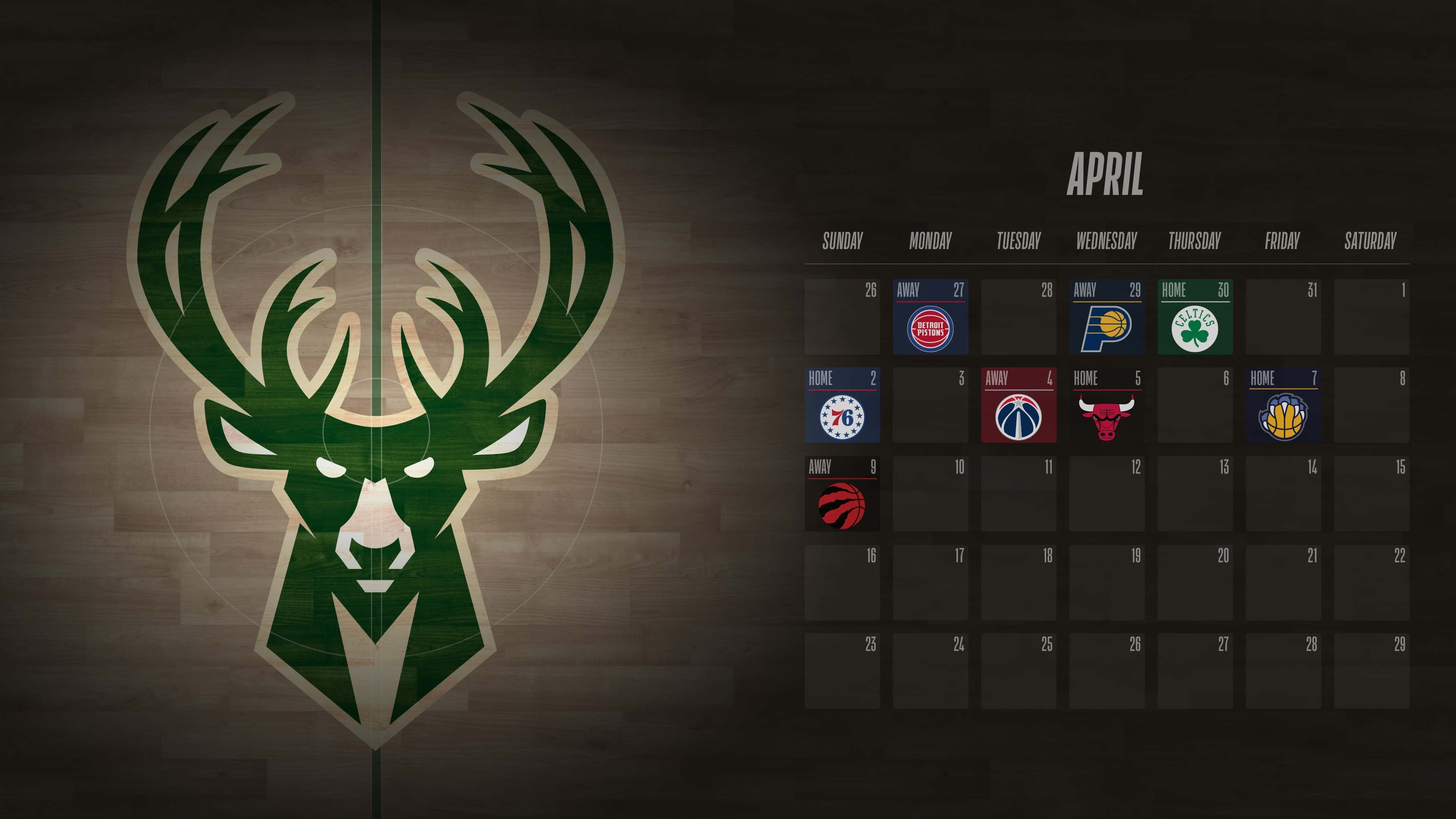Bucks 桌布 壁紙 — 密爾瓦基公鹿隊標誌主導了深色木牆，旁邊是帶有球隊標誌的四月NBA賽程日曆。