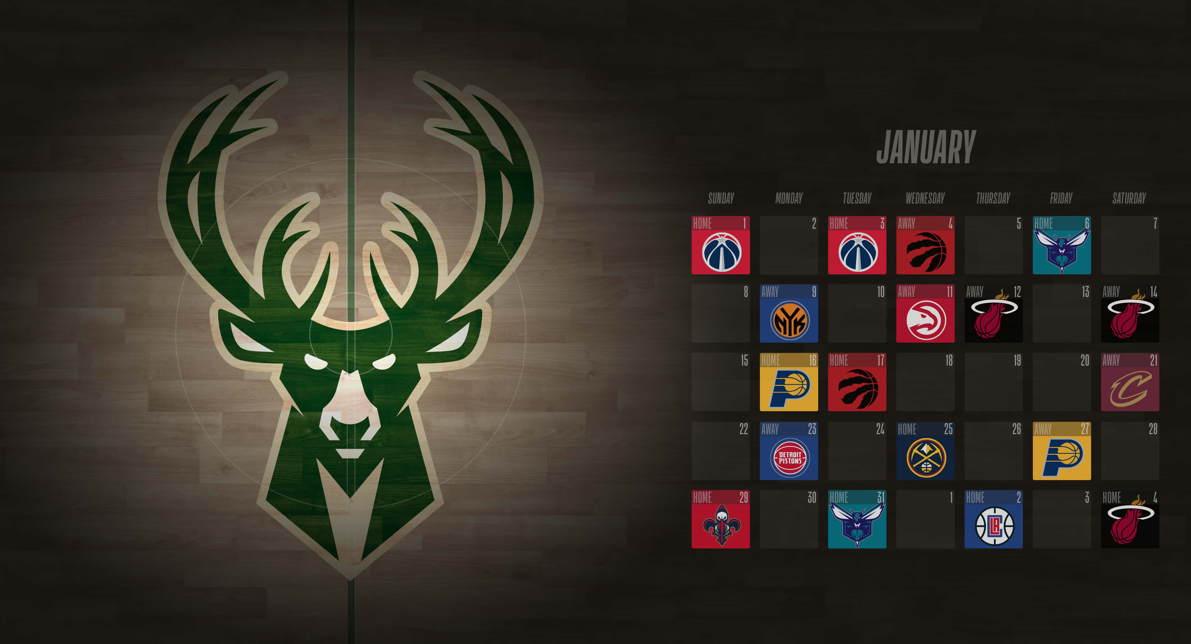 Milwaukee Bucks Logo 桌布 壁紙 — 密爾瓦基公鹿隊標誌主導木牆，旁邊是1月NBA賽程表及球隊圖標。
