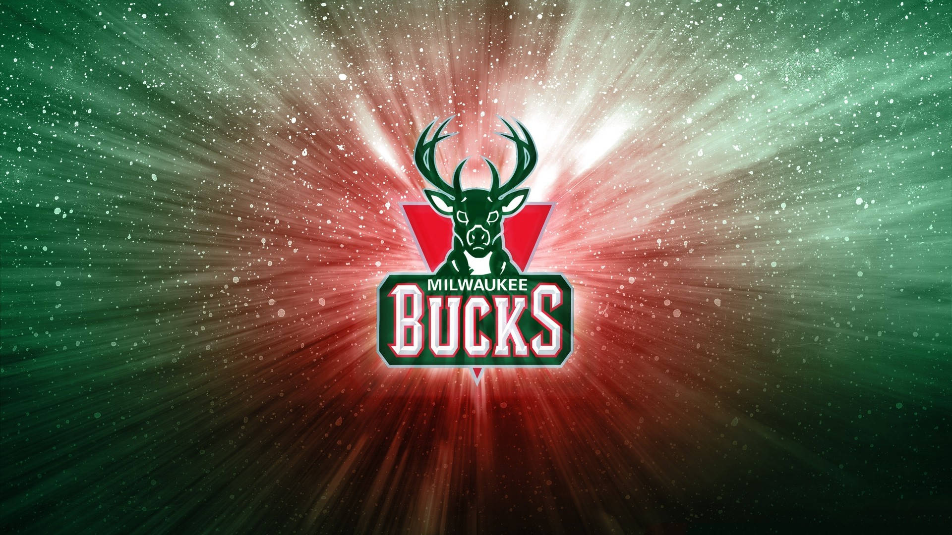 Bucks 桌布 壁紙 — 密爾瓦基公鹿隊標誌在閃爍的宇宙背景下散發出紅色和綠色的光束。