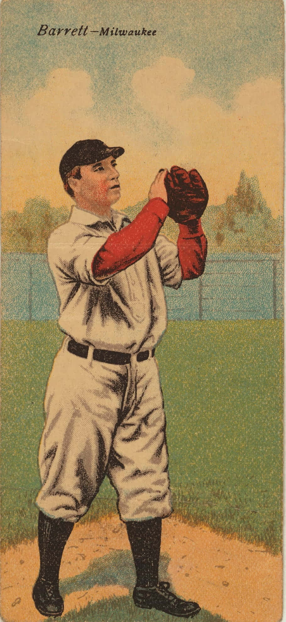 Baseball Cards 桌布 壁紙 — 密爾瓦基的復古棒球選手Barrett在柔和天空下戴著紅色手套和帽子準備就緒。