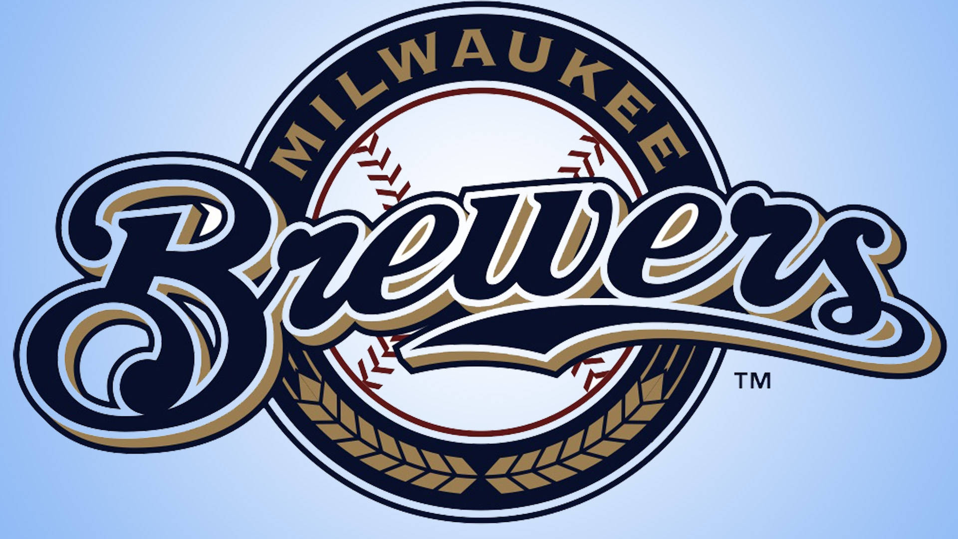 Brewers 桌布 壁紙 — 密爾瓦基釀酒人棒球標誌，採用風格化字體和棒球設計，置於淺藍色漸變背景上。
