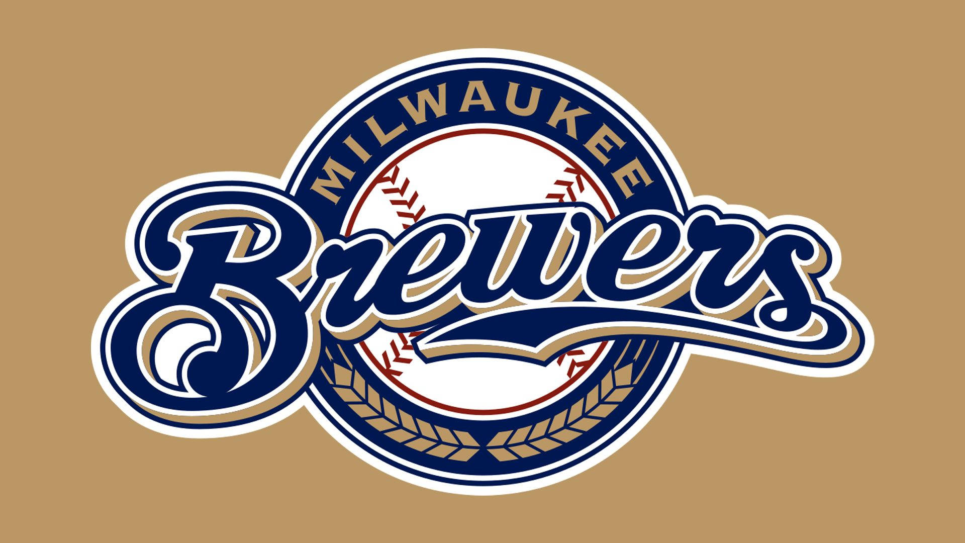 Brewers 桌布 壁紙 — 密爾瓦基釀酒人棒球標誌，海軍藍字體和小麥設計在棕褐色背景上。