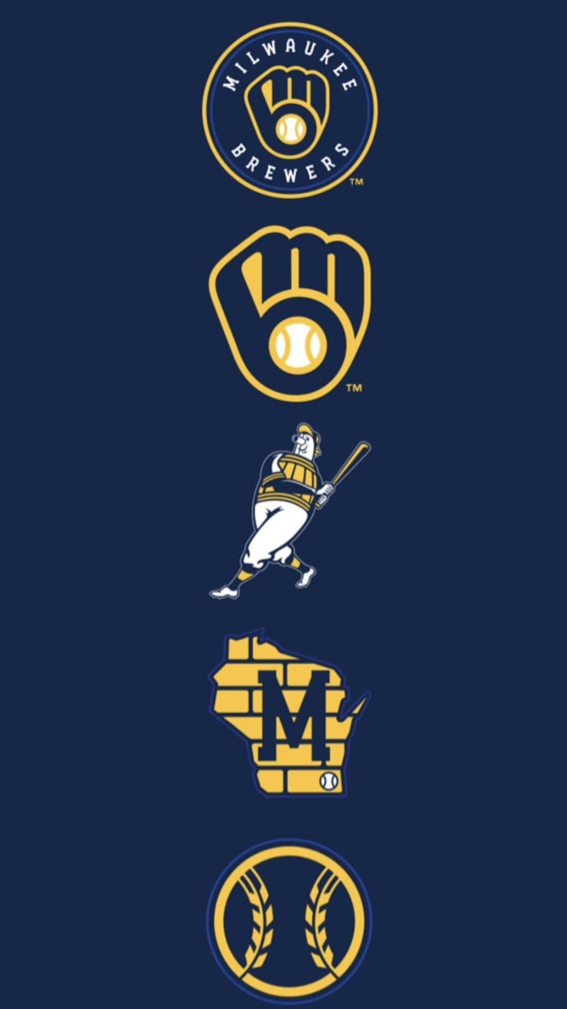Brewers 桌布 壁紙 — 密爾瓦基釀酒人棒球隊標誌以金色和海軍藍垂直堆疊在深藍色背景上。