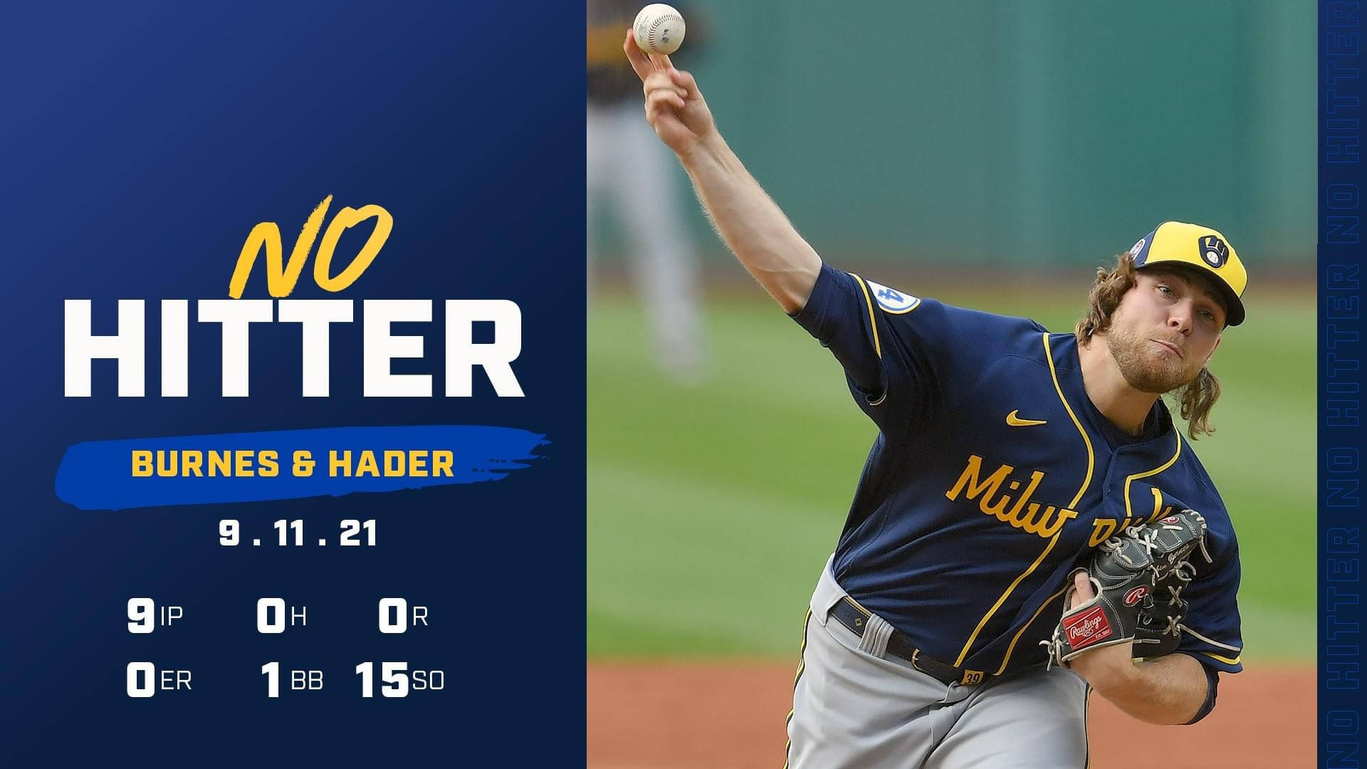 Brewers 桌布 壁紙 — 密爾瓦基釀酒人隊制服的棒球投手在無安打比賽中投球，附有統計圖形覆蓋。