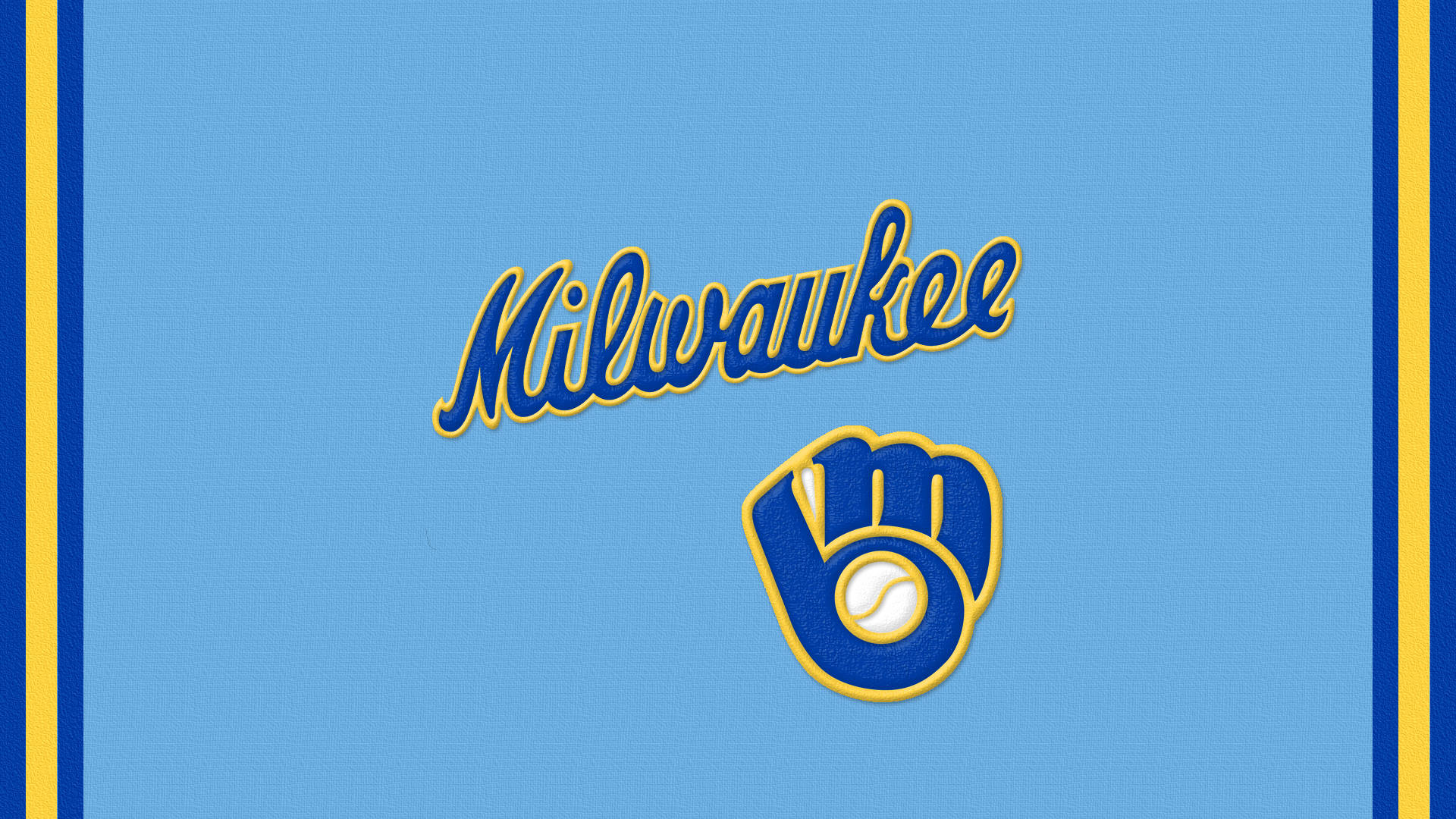 Brewers 桌布 壁紙 — 密爾瓦基釀酒人隊標誌，藍色和金色手套及字體，淺藍色背景帶垂直條紋。