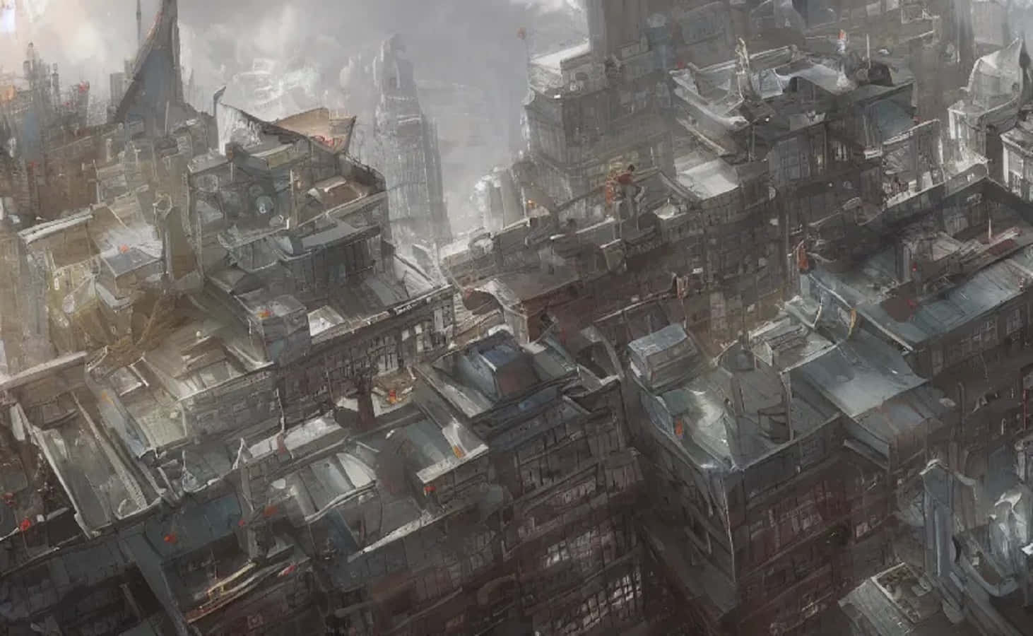 Post-apocalyptic World 桌布 壁紙 — 密集、衰敗的城市擴張的鳥瞰圖，建築物 crumbling 且大氣朦朧。