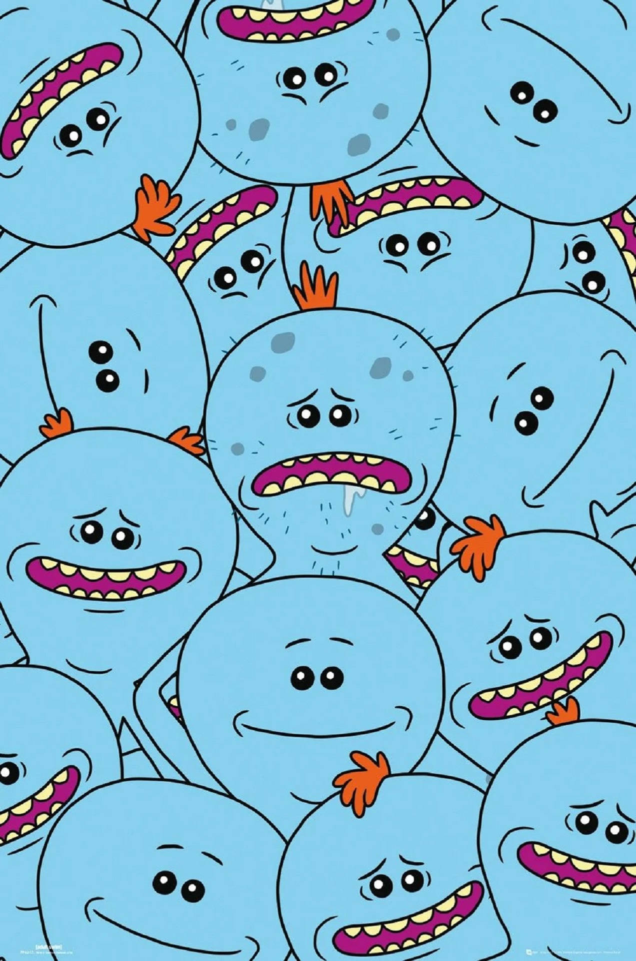 Meeseeks 桌布 壁紙 — 密集圖案，卡通風格的藍色生物，有紫色嘴巴和橙色簇毛，微笑和皺眉。