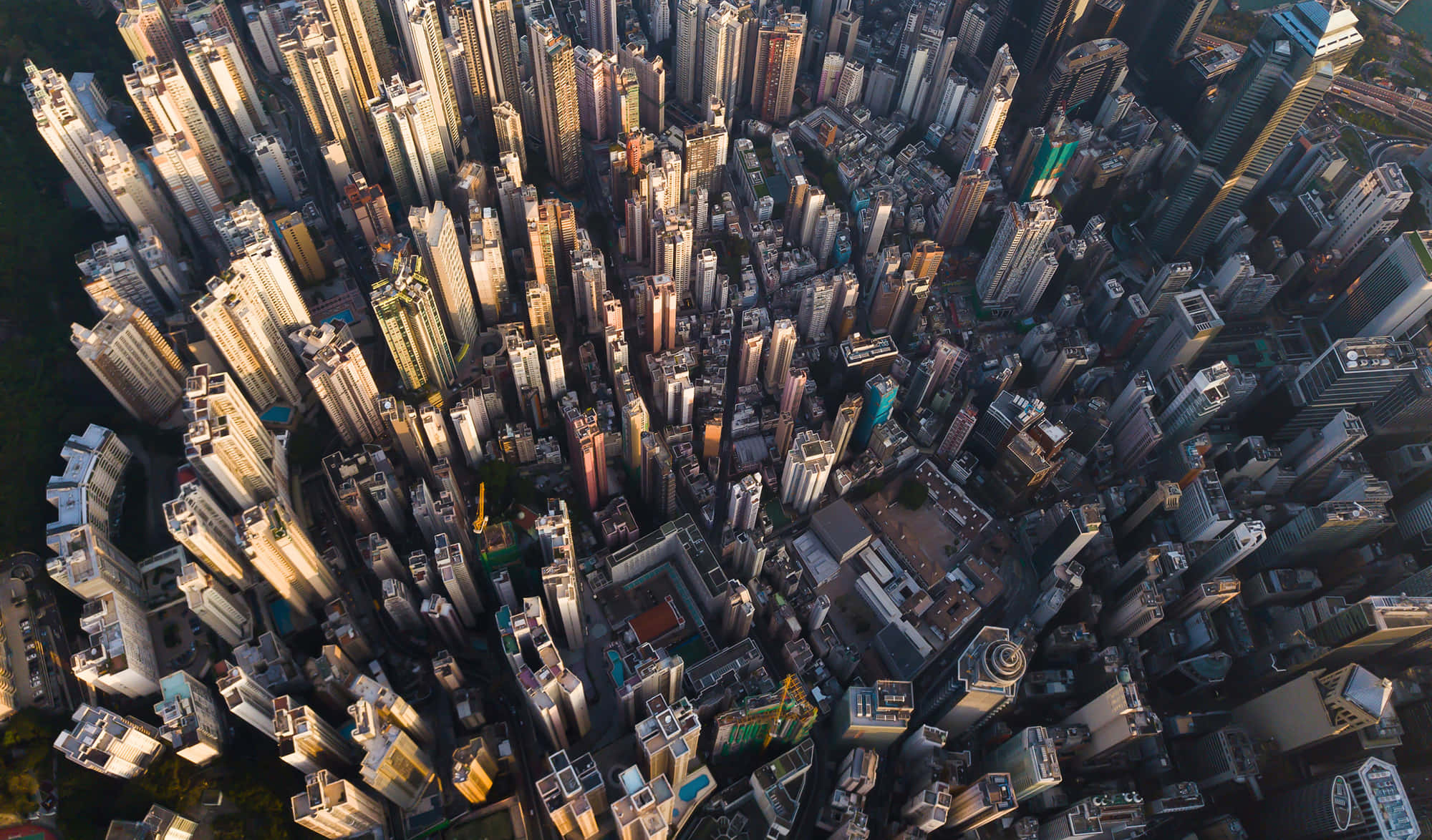 香港 桌布 壁紙 — 密集城市叢林的鳥瞰圖，摩天大樓沐浴在金色夕陽光芒中。