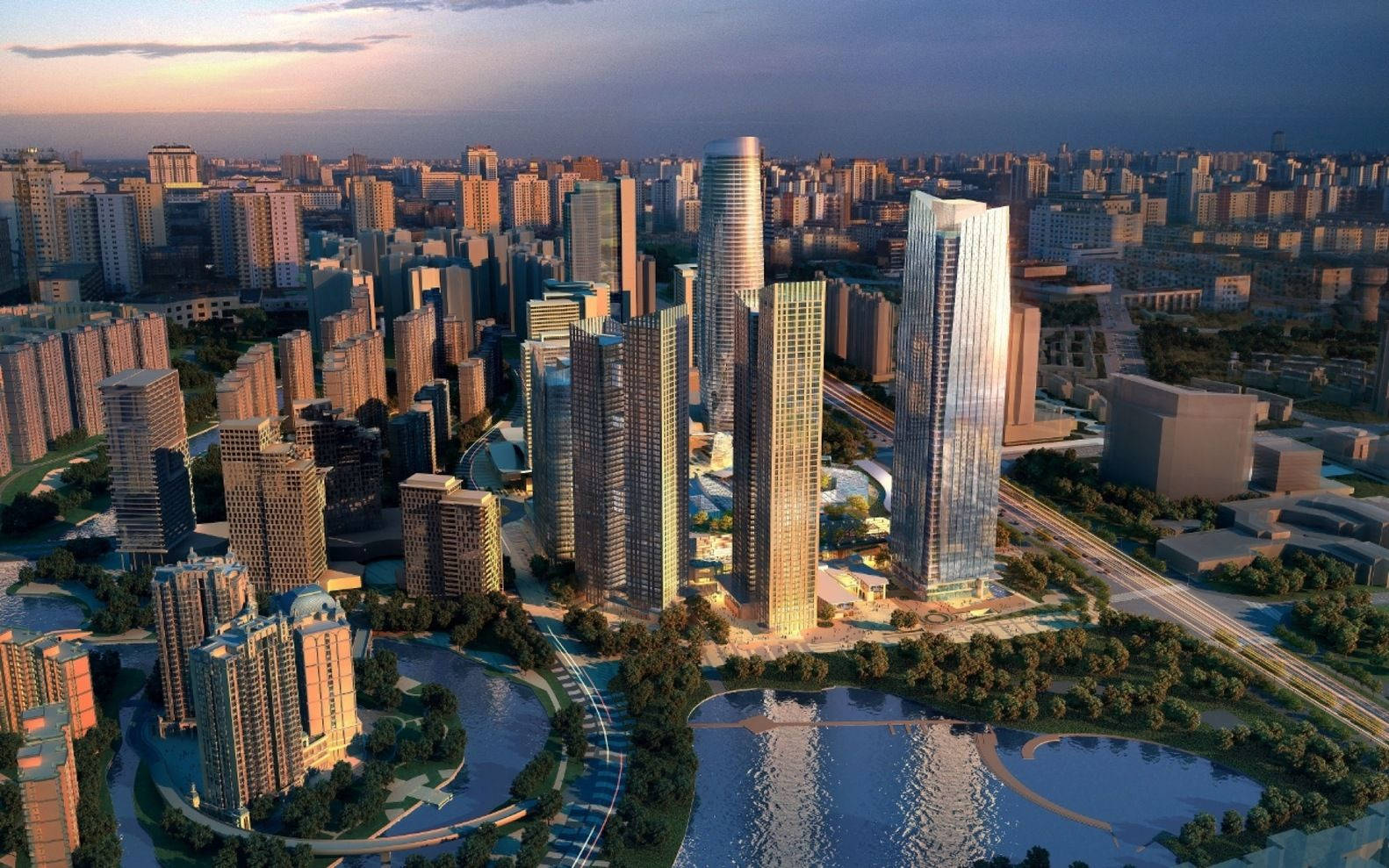 Chengdu 桌布 壁紙 — 密集城市天際線中，現代摩天大樓在彎曲海濱上反射金色日落光線的鳥瞰圖。