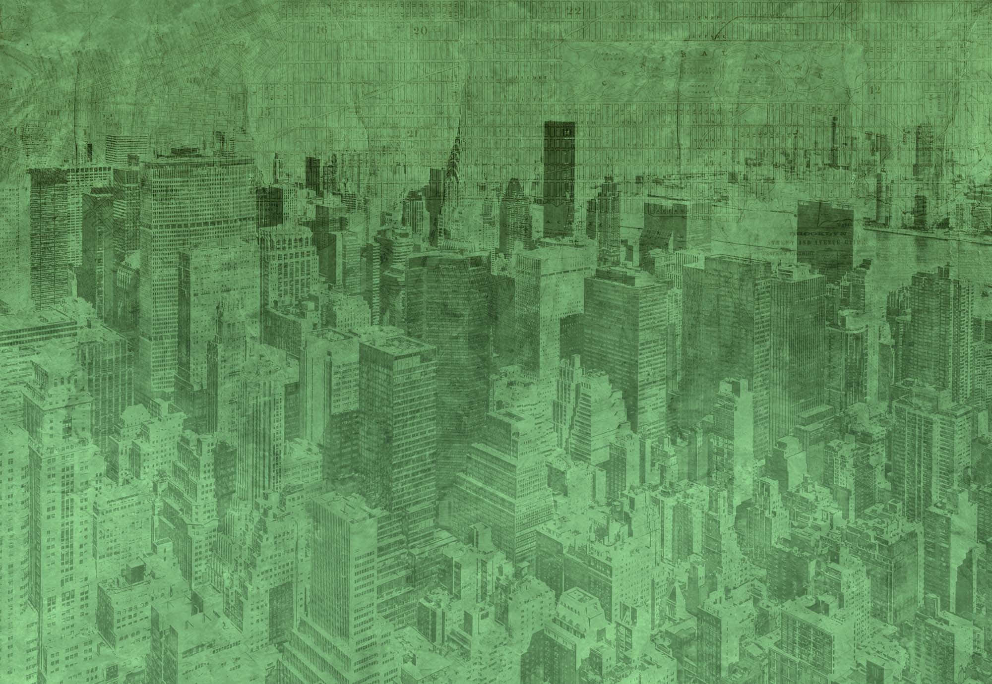 New York Art 桌布 壁紙 — 密集城市景觀的鳥瞰圖，以單色綠色呈現，並帶有紋理復古覆蓋層。