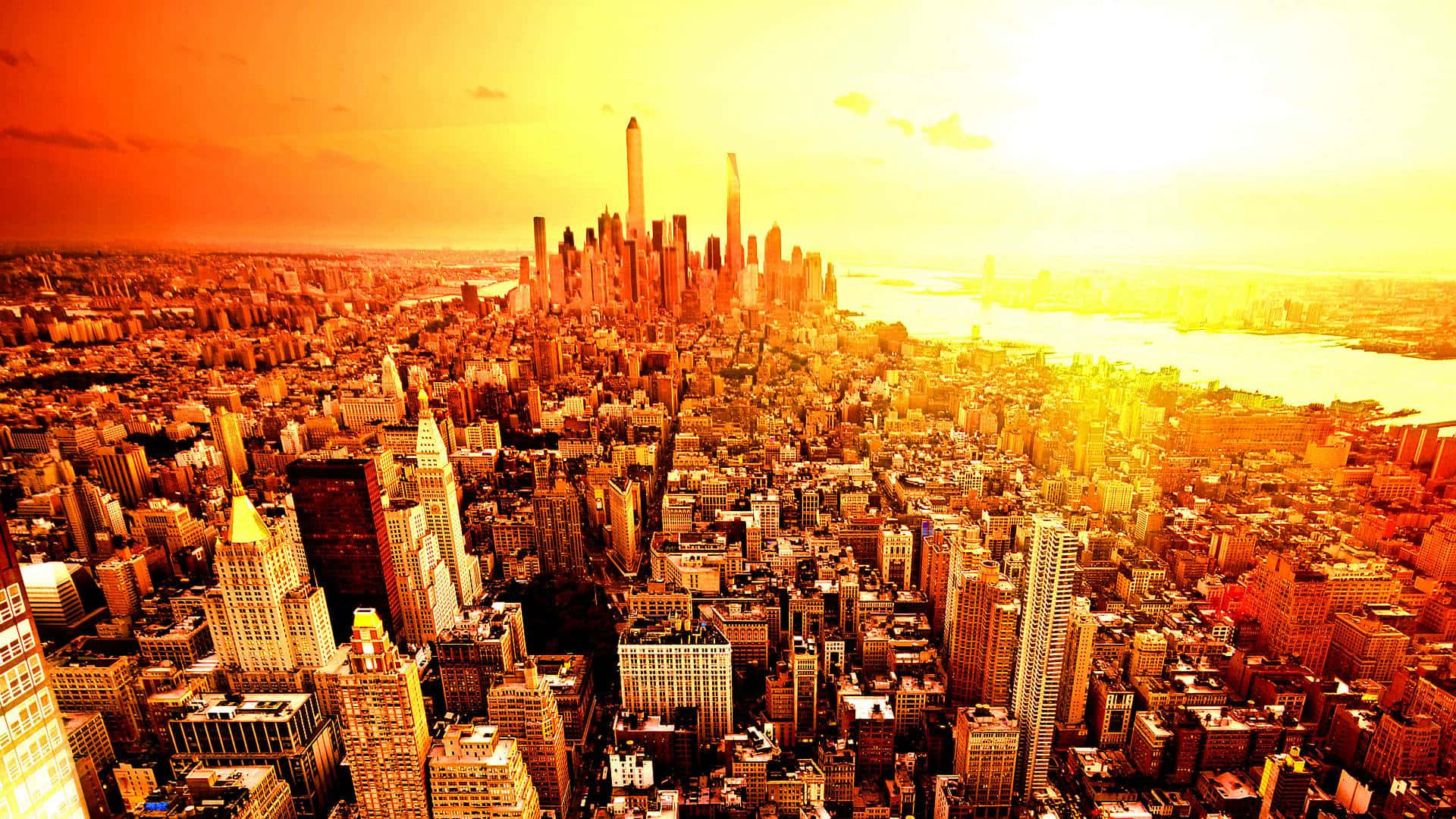 New York City Desktop 桌布 壁紙 — 密集城市景觀的鳥瞰圖，沐浴在金色夕陽光芒中，高聳的摩天大樓和蜿蜒穿過城市擴展區的河流。