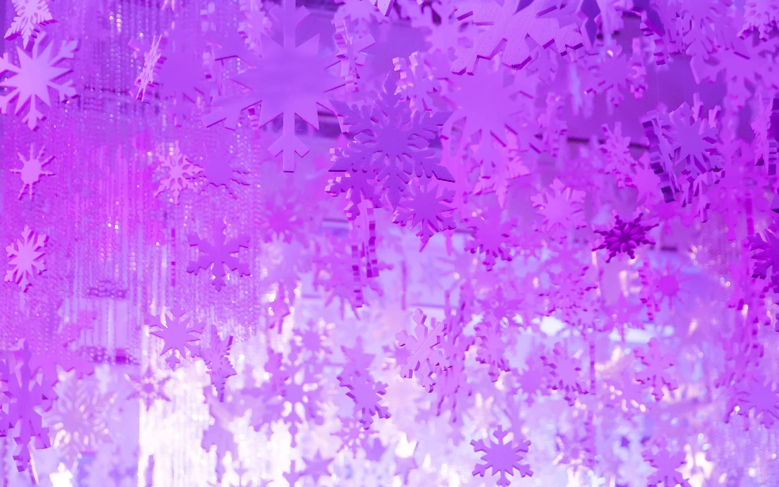 紫色美學 桌布 壁紙 — 密集懸掛的紫色雪花裝飾營造出夢幻的節日氣氛，帶有柔和的光芒。