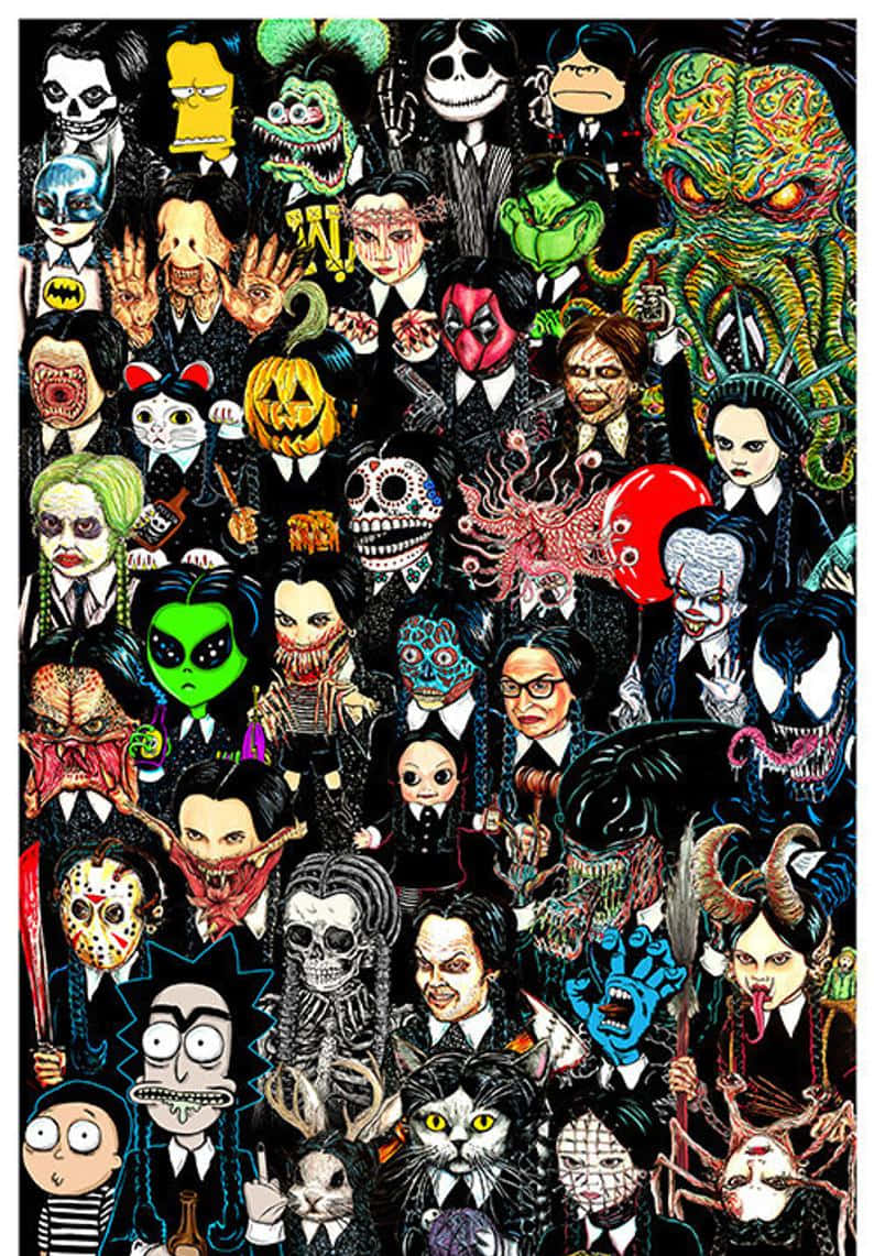 Horror Icons 桌布 壁紙 — 密集拼貼畫，以黑色西裝的標誌性恐怖和流行文化角色為特色，背景為深色。