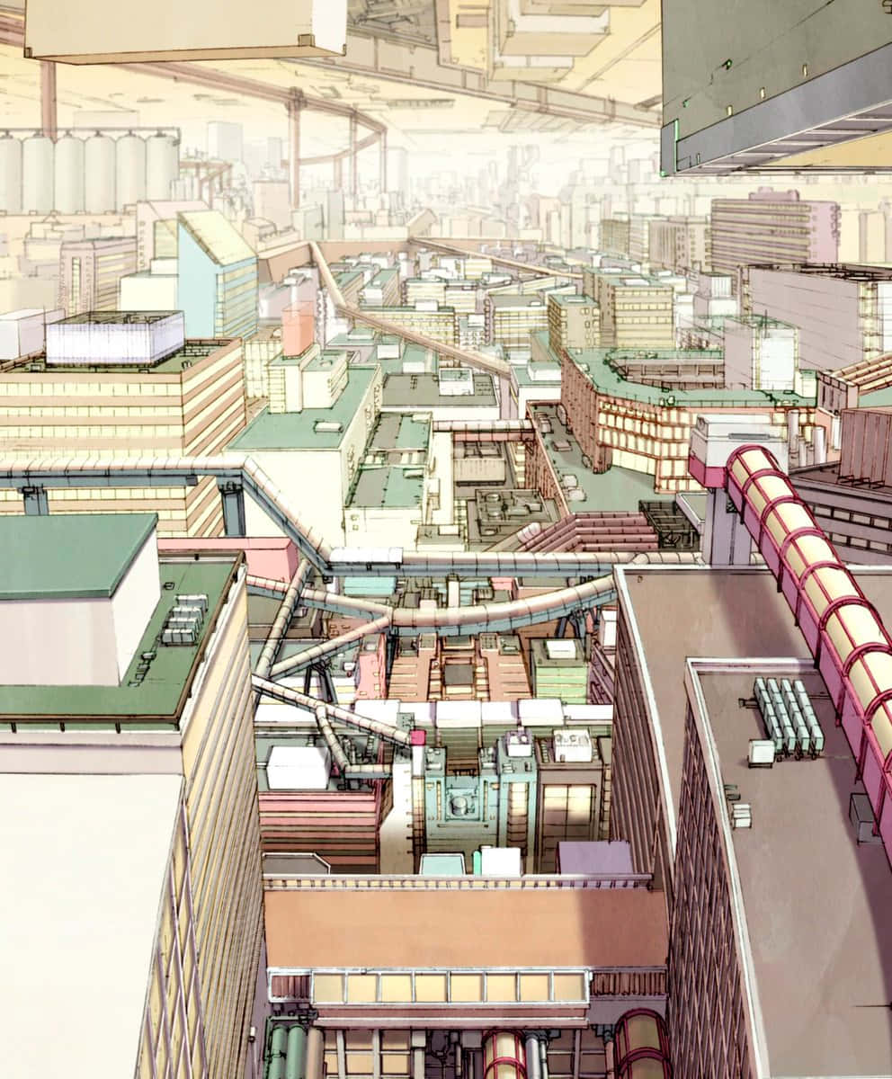 Cells At Work 桌布 壁紙 — 密集未來城市景觀的鳥瞰圖，屋頂錯綜複雜，發光的粉紅色管道穿梭於建築物之間。