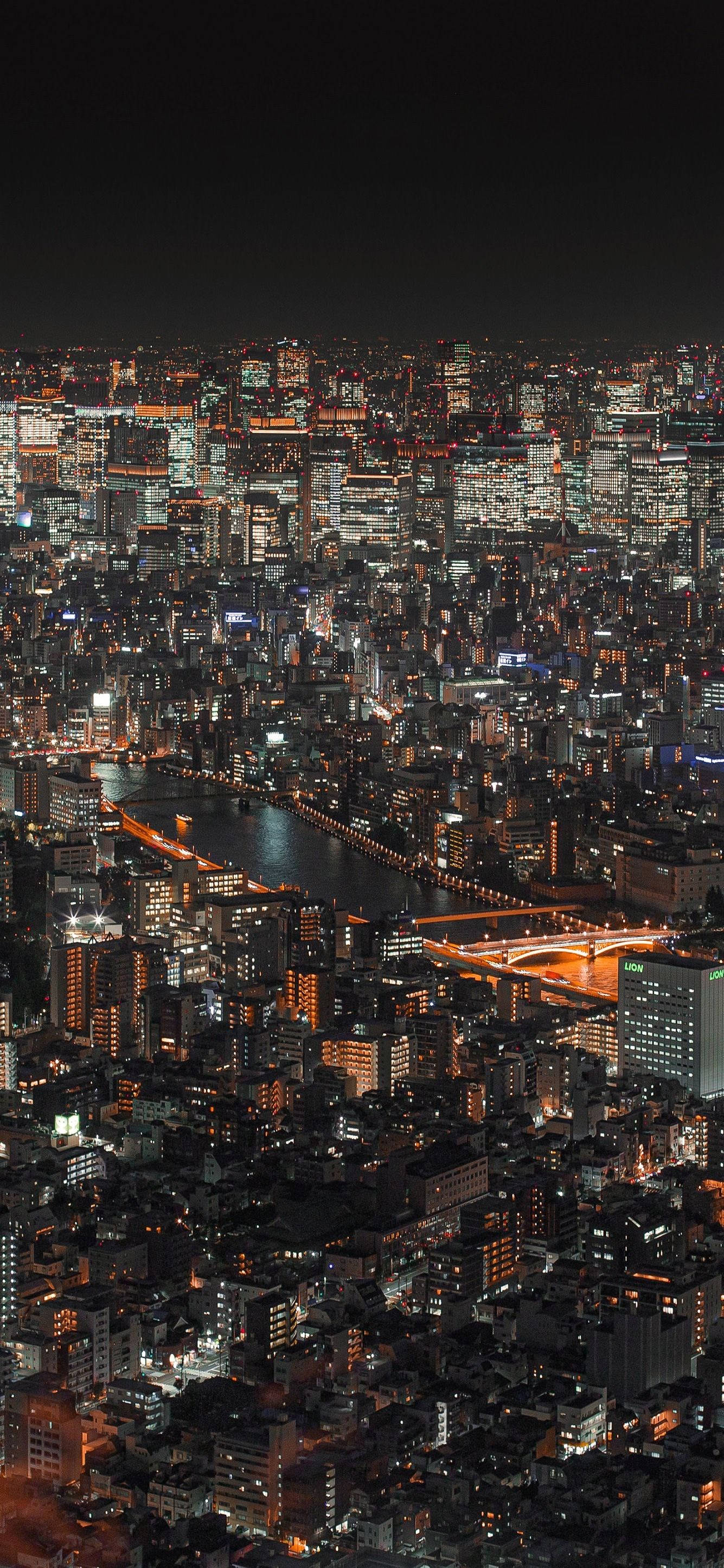 手機 桌布 壁紙 — 密集燈光城市景觀的夜間航拍圖，閃爍的摩天大樓與蜿蜒穿過城市擴展區的河流。