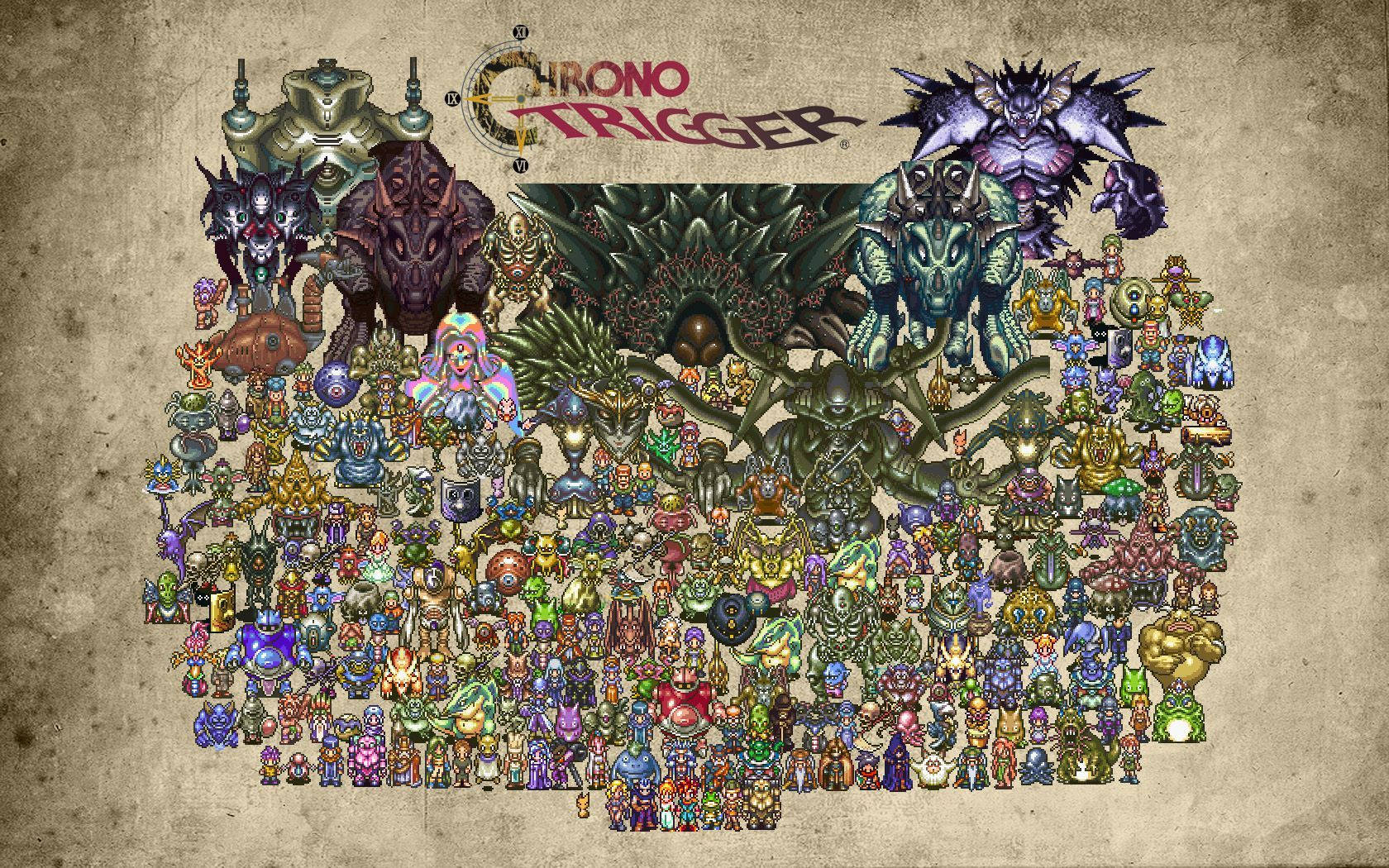 Chrono 桌布 壁紙 — 密集的 Chrono Trigger 標誌性角色和怪物拼貼，排列在紋理羊皮紙背景上。