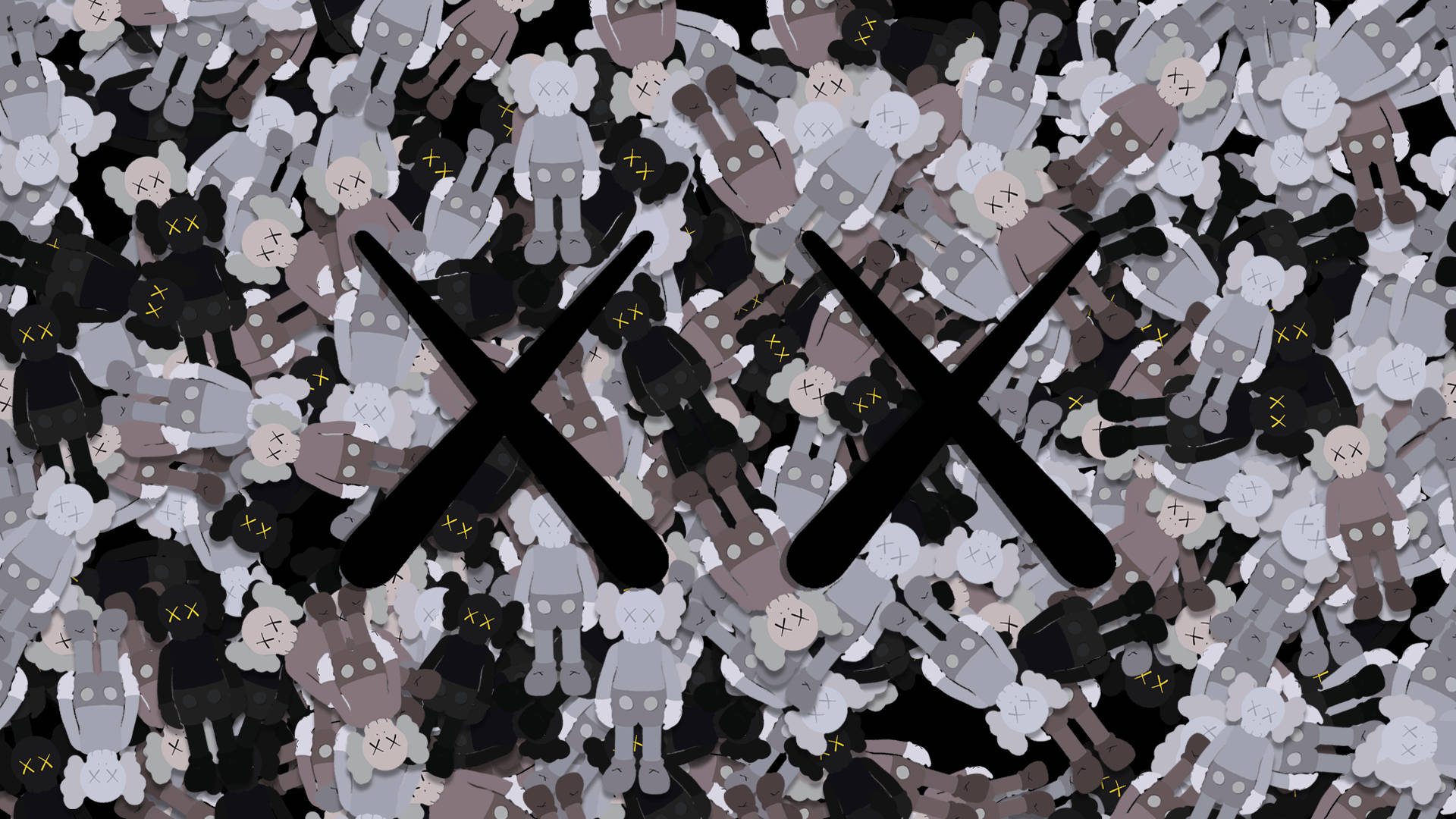 kaws 4K 桌布 壁紙 — 密集的KAWS Companion公仔圖案，以灰階呈現，帶有黃色X眼睛和黑色交叉符號疊加。