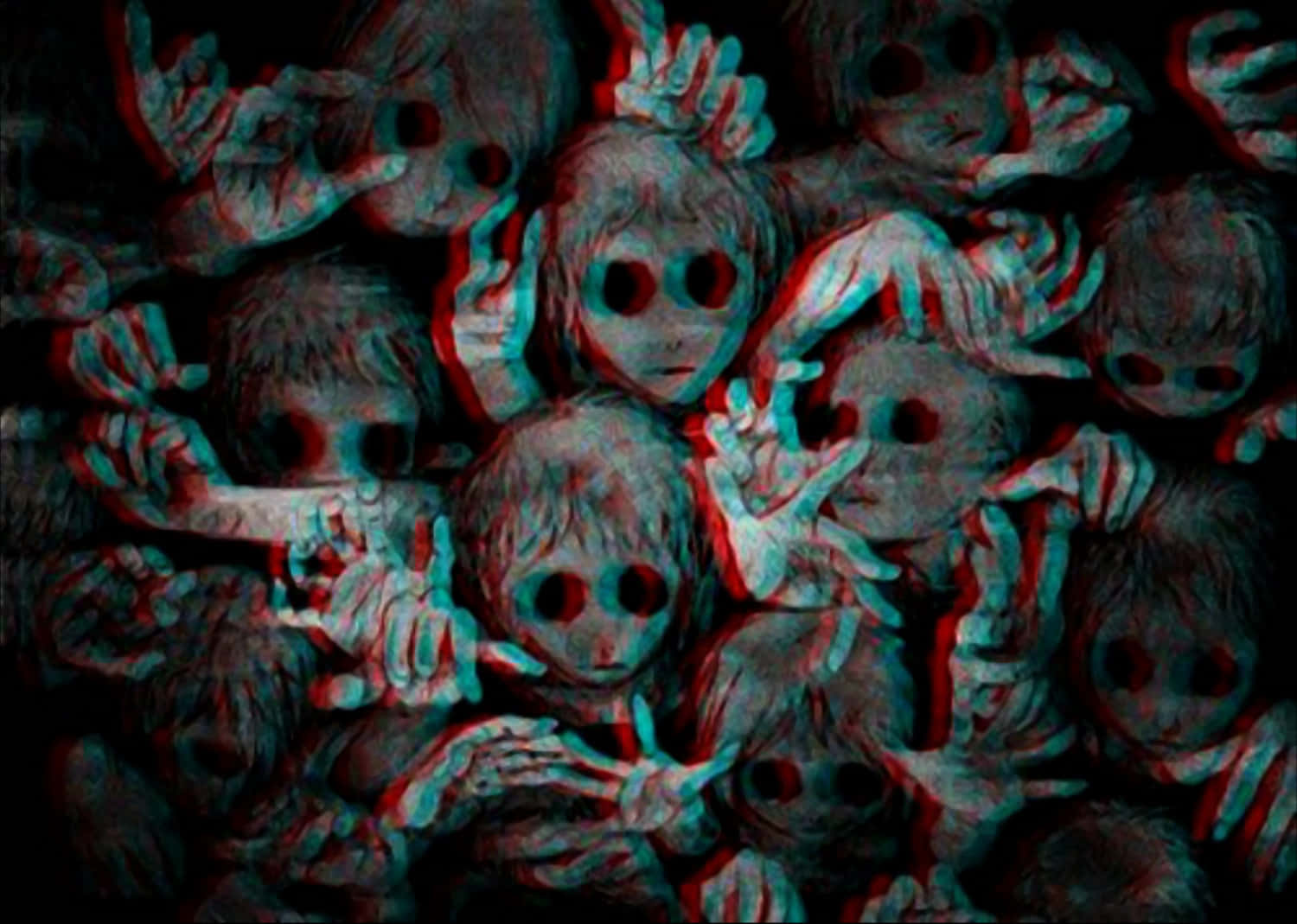 詭異的GIF 桌布 壁紙 — 密集的人群，由詭異、帶有故障效果的3D渲染娃娃臉組成，空洞的眼睛和伸出的手，以紅藍立體3D呈現。