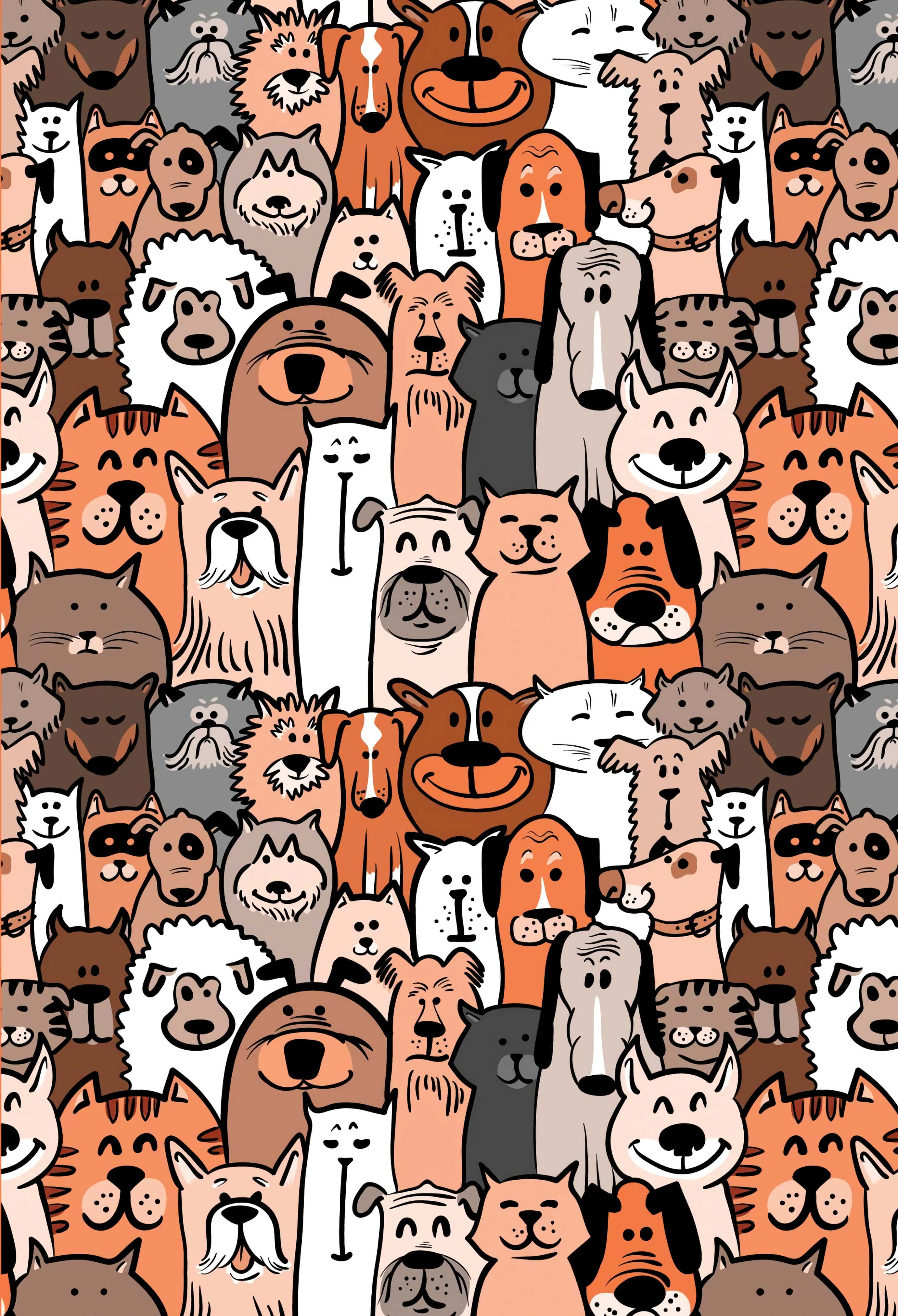 Cartoon Animal 桌布 壁紙 — 密集的卡通狗和貓圖案，採用溫暖的大地色調，表情和毛髮質地多變。