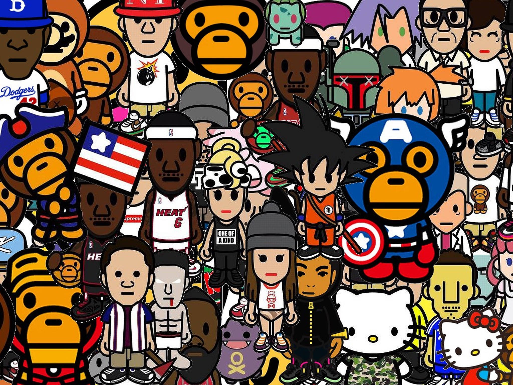 BAPE 標誌 桌布 壁紙 — 密集的卡通風格chibi流行文化圖標和名人拼貼，色彩鮮豔。
