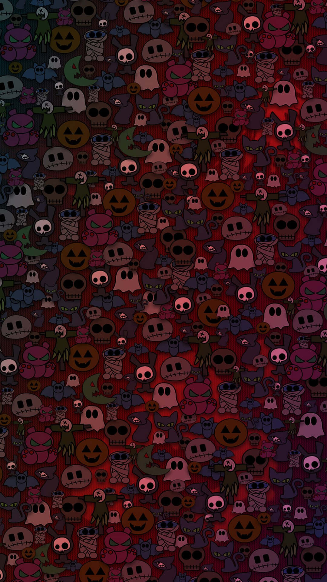 Aesthetic Halloween 桌布 壁紙 — 密集的卡通風格萬聖節鬼魂、骷髏頭、南瓜和木乃伊圖案，採用深紅、紫色和黑色色調。