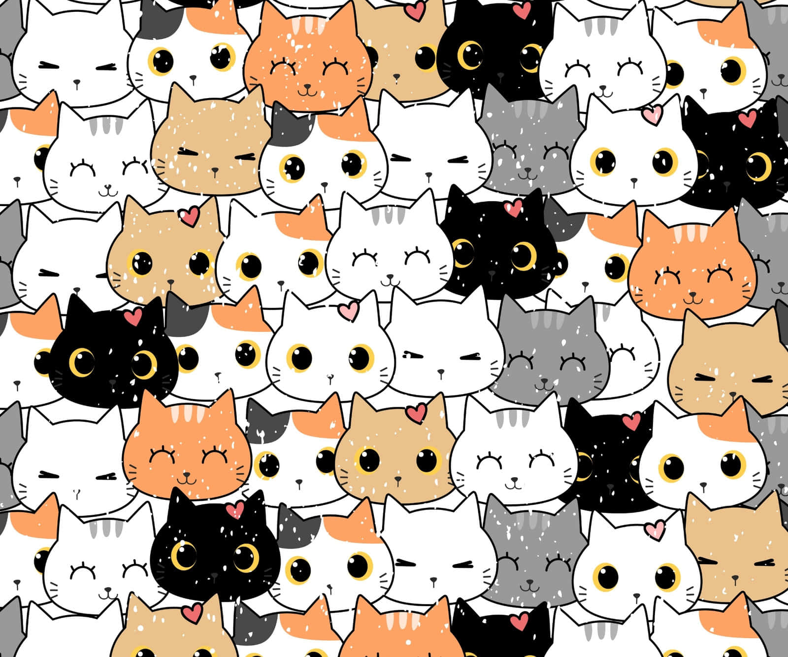 Cute Cat Pattern 桌布 壁紙 — 密集的可愛卡通貓圖案，有白色、橙色、黑色和灰色，還有心形和睡眼惺忪的眼睛。