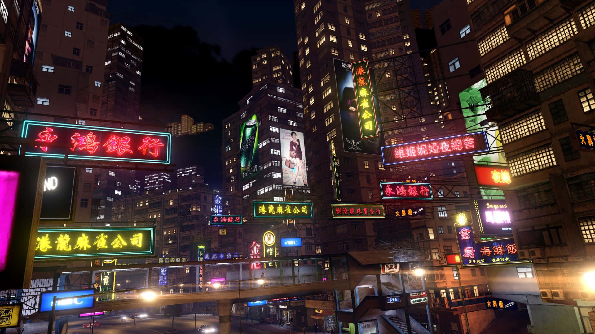 電玩遊戲 桌布 壁紙 — 密集的城市峽谷在發光的霓虹燈招牌（中文）照耀下的迷人夜景。
