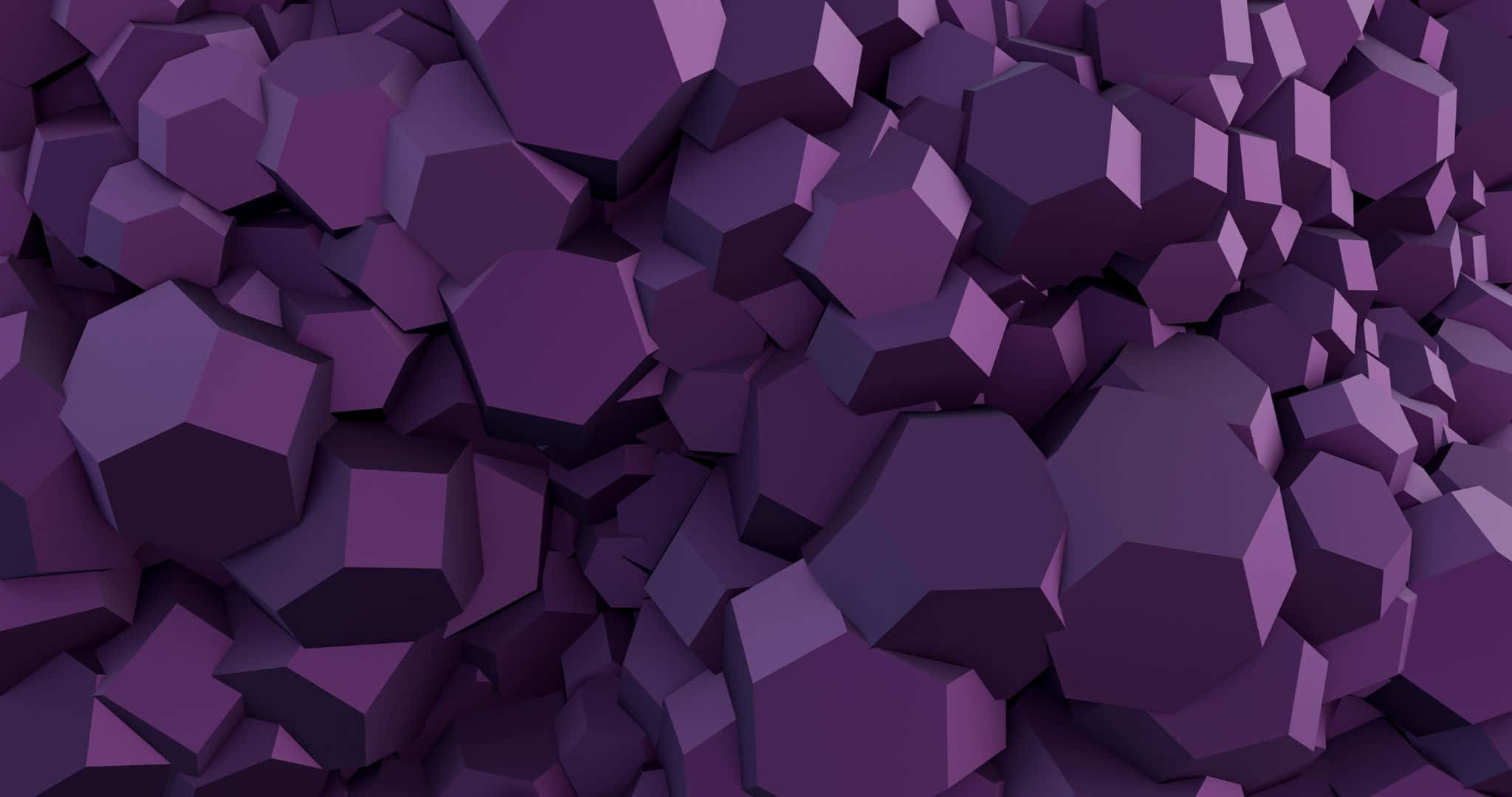2048x1080 桌布 壁紙 — 密集的幾何紫色六邊形場地，帶有柔和陰影，形成紋理化的3D渲染抽象表面。