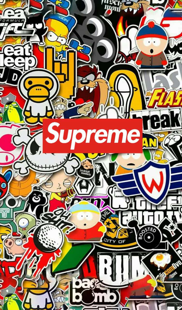 Bugs Bunny Supreme 桌布 壁紙 — 密集的彩色流行文化貼紙拼貼，包括南方公園角色和Supreme標誌。