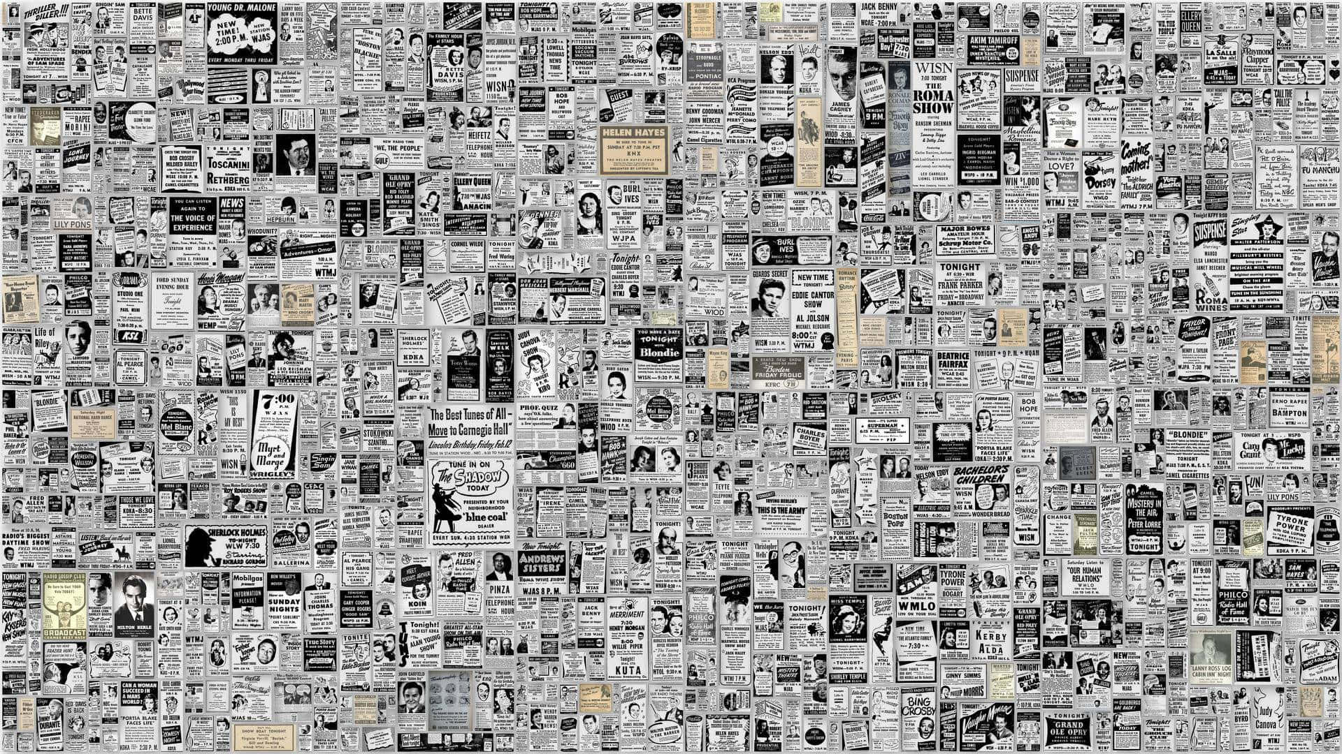 Newspaper 桌布 壁紙 — 密集的復古黑白報紙剪報和廣告覆蓋整個畫面。