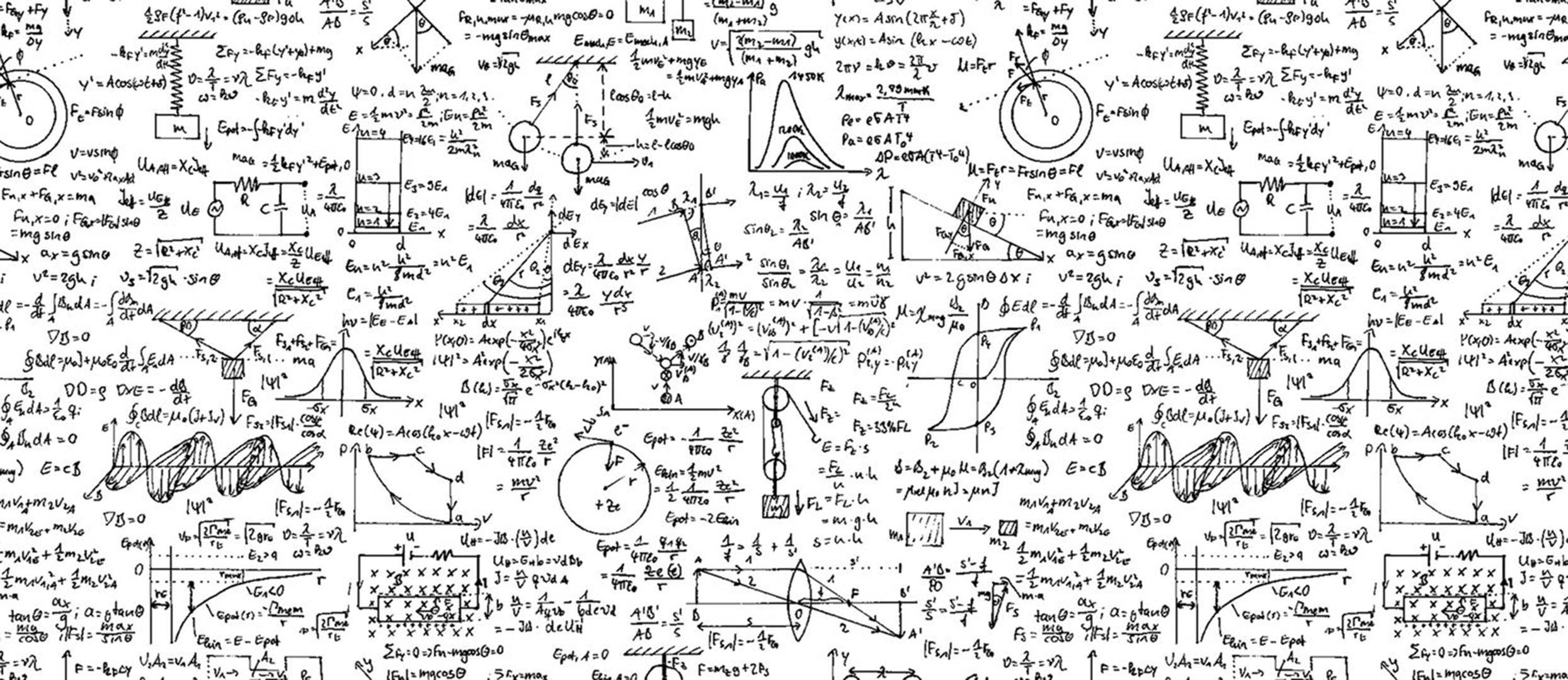 Physics 桌布 壁紙 — 密集的手寫物理方程式和圖表拼貼，覆蓋白色表面，呈現混亂的科學細節。