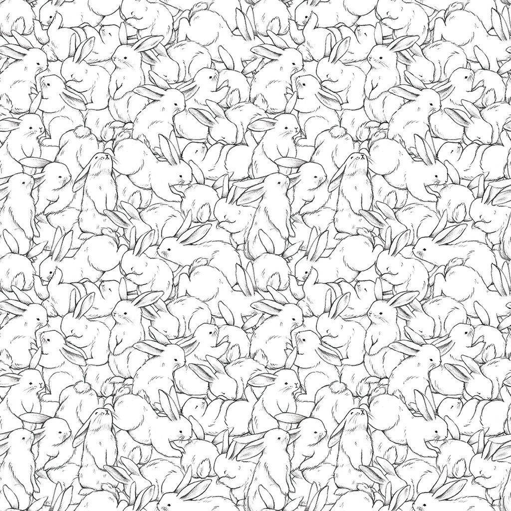 Cute Bunny 桌布 壁紙 — 密集的手繪兔子圖案，以各種姿勢填滿整個畫面，採用單色線條藝術。