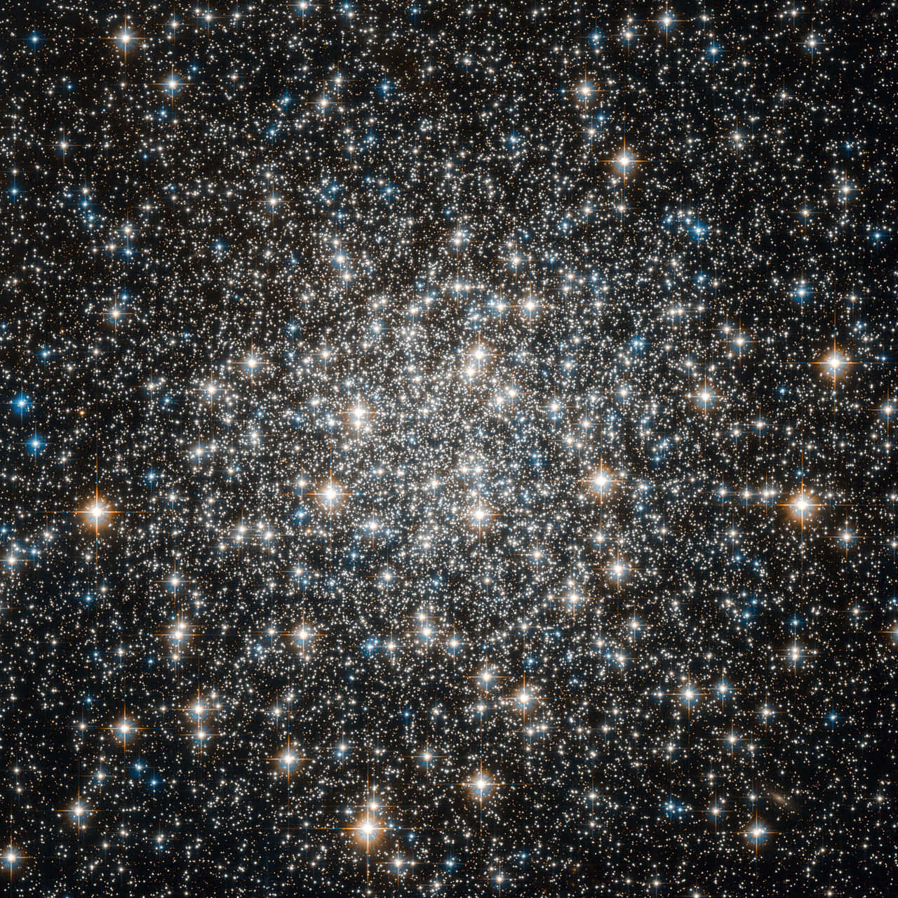 Star Cluster 桌布 壁紙 — 密集的星團在深邃的黑色宇宙背景下閃爍，散佈著藍色和白色的光點。
