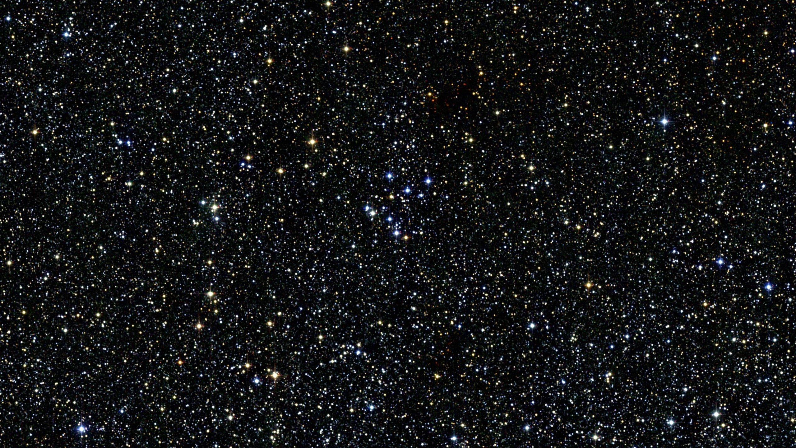 Cosmic 桌布 壁紙 — 密集的星場在深邃的黑色宇宙虛空中閃爍，散佈著藍色和黃色的光點。