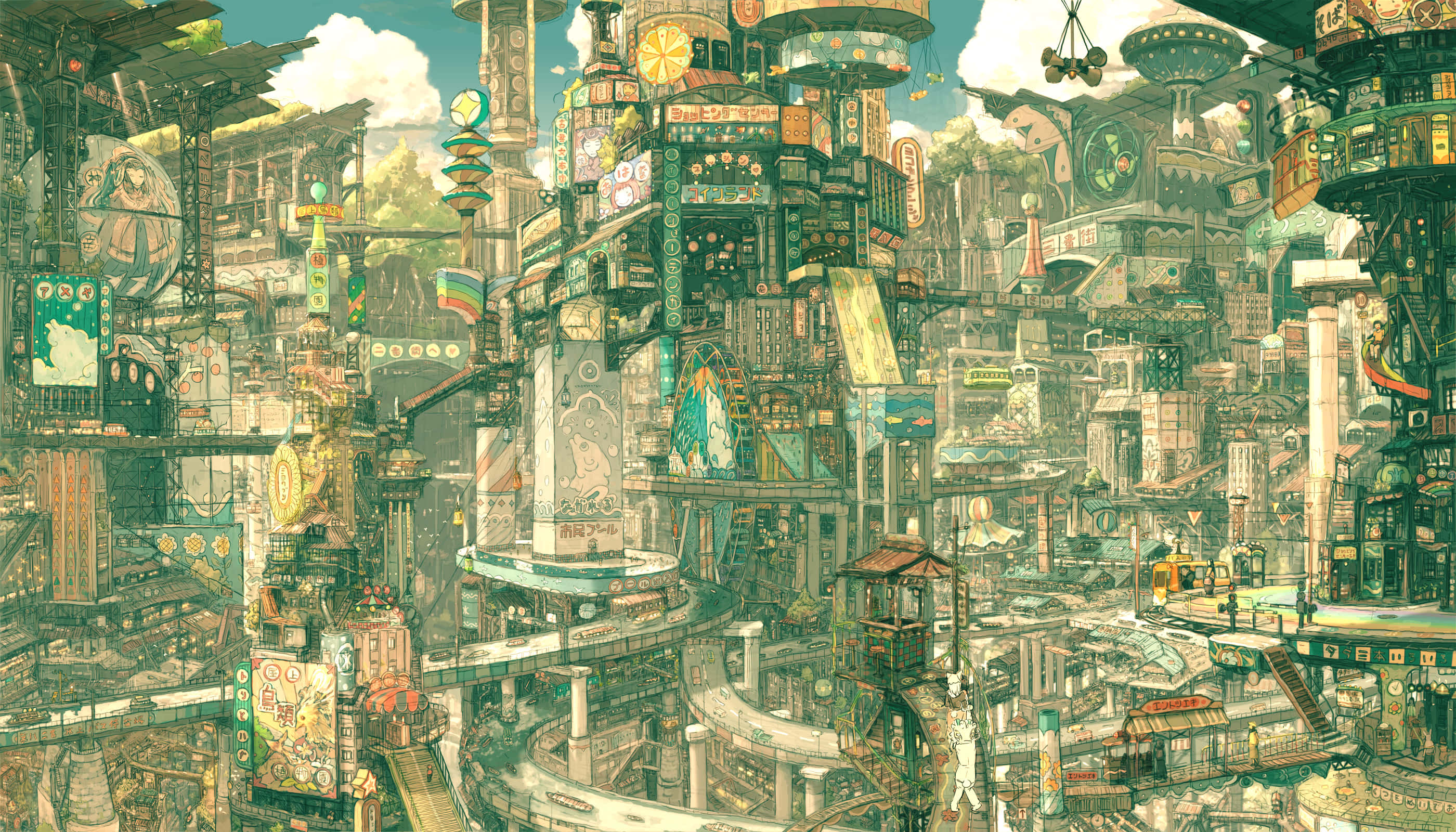 Aesthetic Anime City 桌布 壁紙 — 密集的未來城市景觀，有高聳的疊層建築、霓虹燈招牌和漂浮結構，在明亮的天空下。
