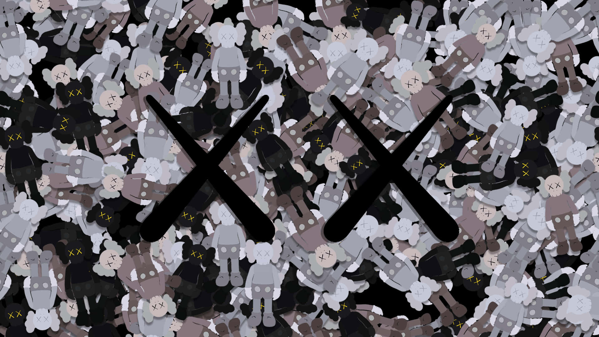 KAWS 桌布 壁紙 — 密集的灰階風格化KAWS角色圖案，帶有黃色X眼睛和黑色交叉人物重疊。