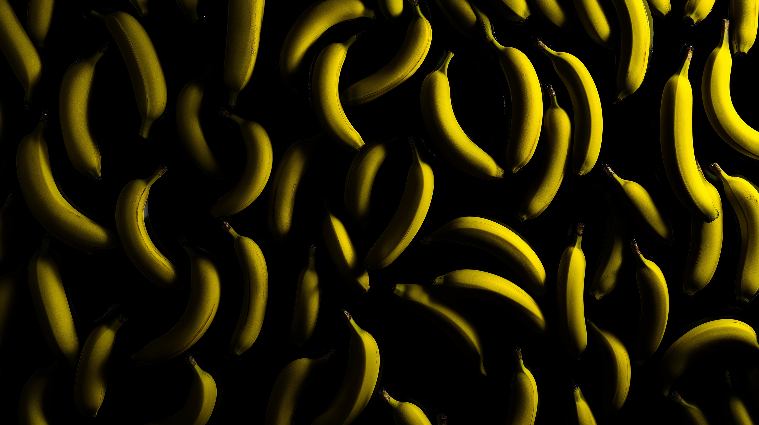 Fruit 桌布 壁紙 — 密集的發光黃色香蕉圖案，在純黑背景上營造出大膽的熱帶視覺質感。
